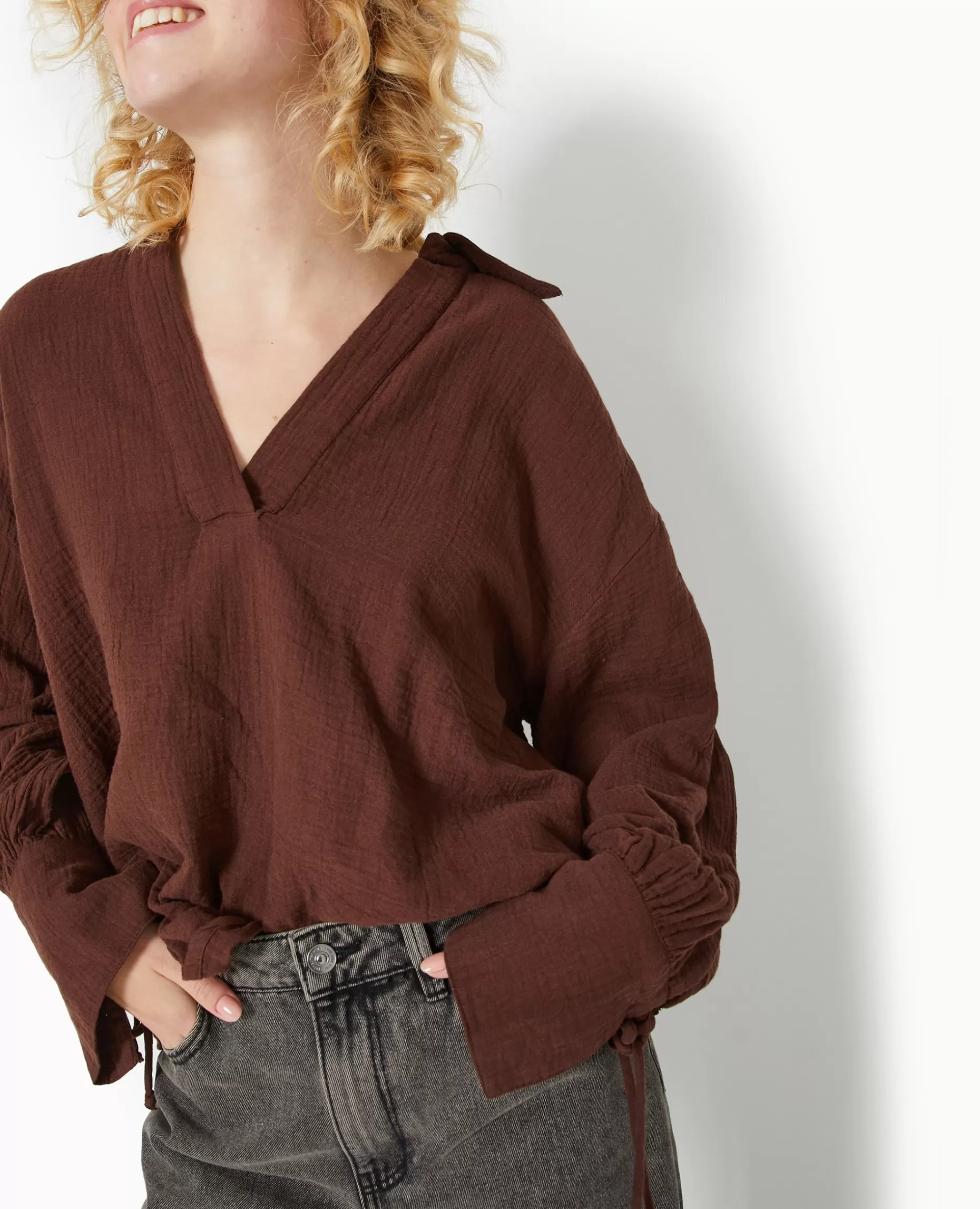 Sale Pimkie Blouse Ample En Gaze De Coton - marron