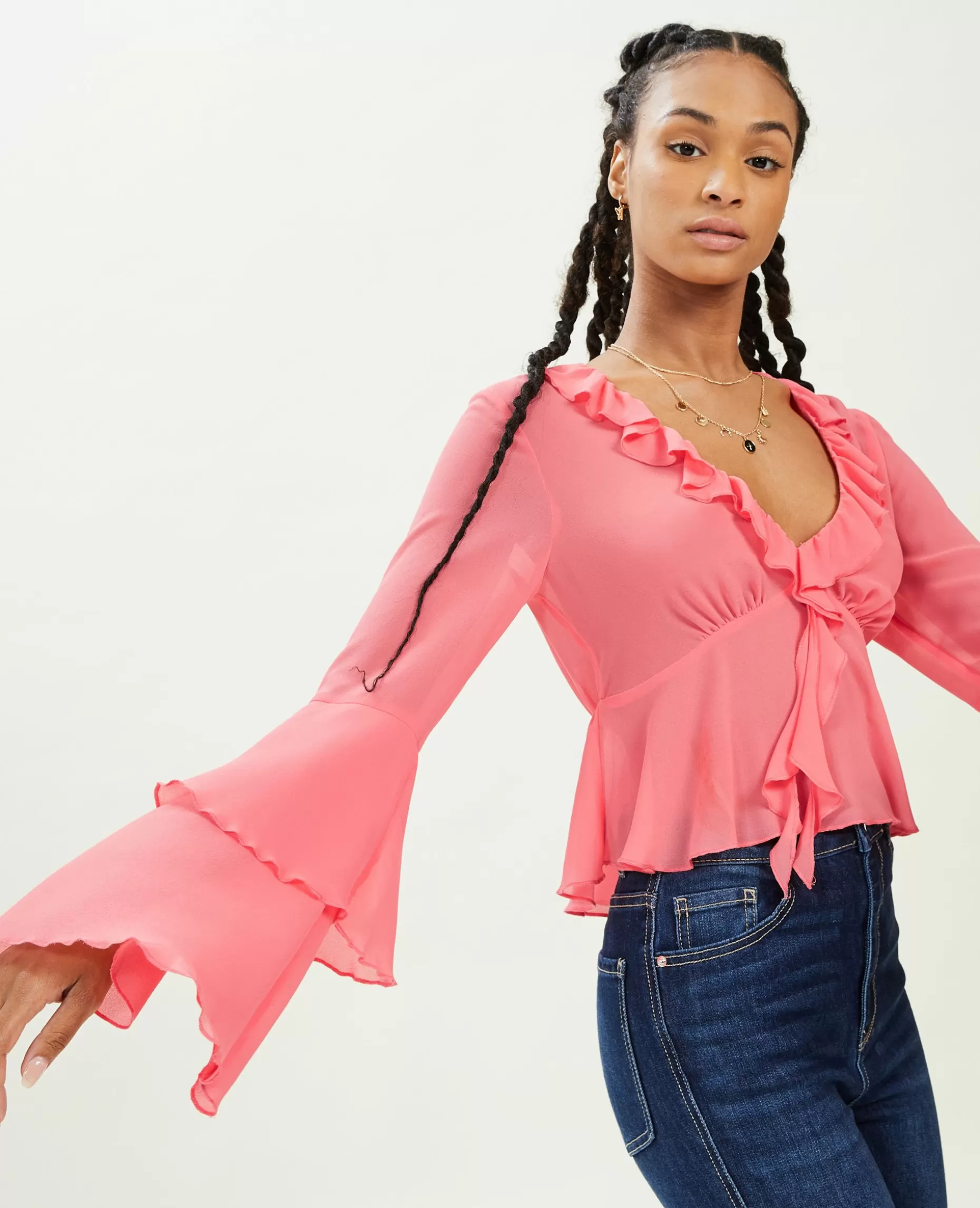 Store Pimkie Blouse Avec Volants En Voile - rose