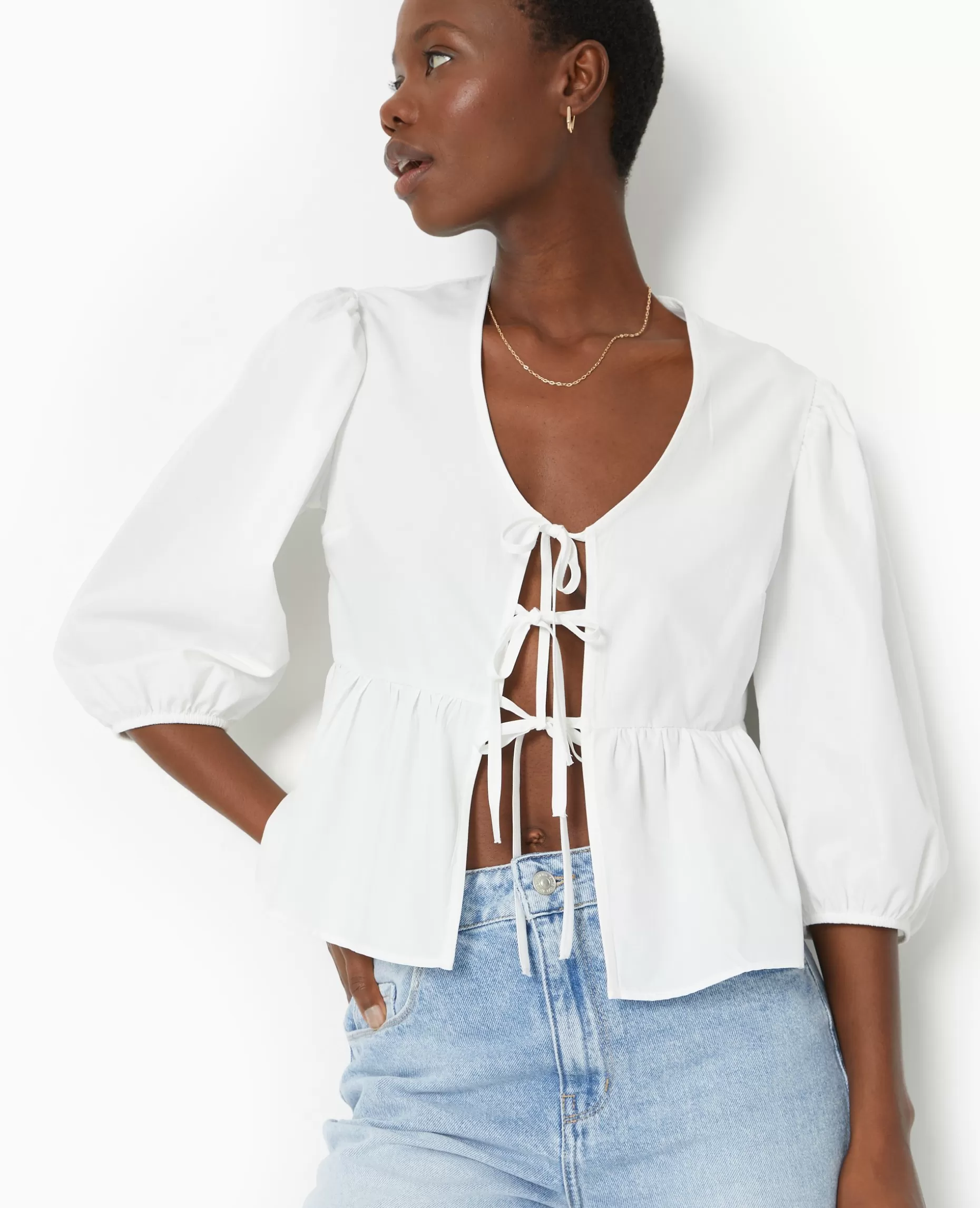 Cheap Pimkie Blouse Manches Ballons Avec Nouettes Et Volant - blanc