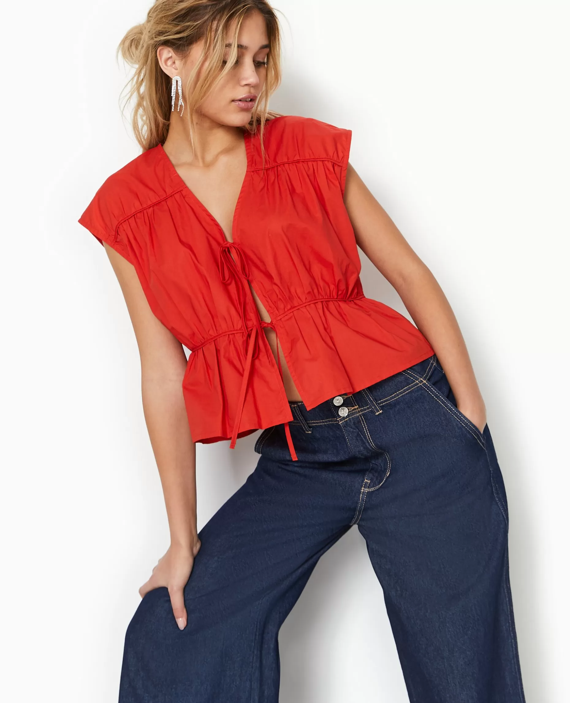 Clearance Pimkie Blouse Sans Manches Avec Liens à Nouer Et Fronces - rouge