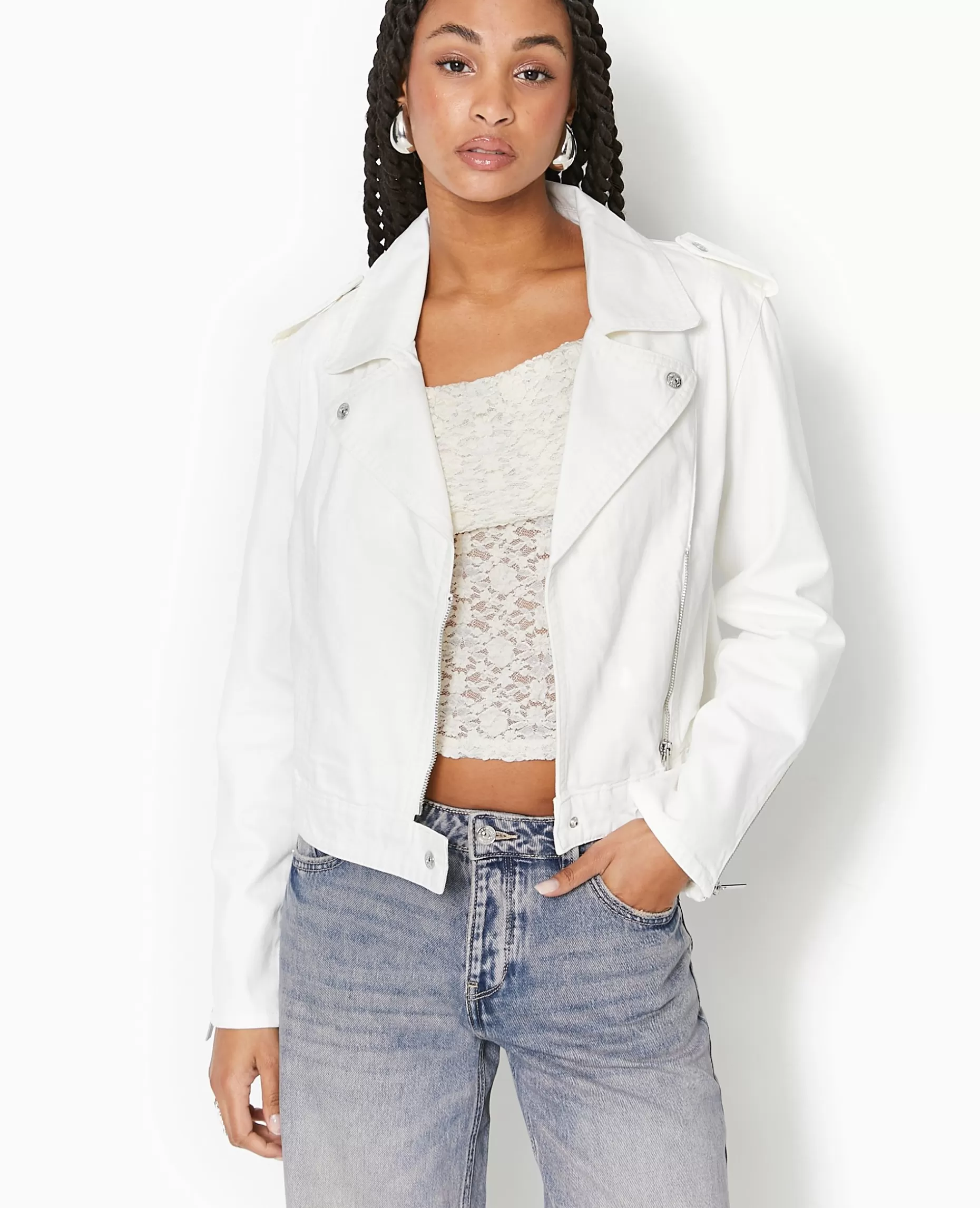 Hot Pimkie Blouson Biker En Jean - blanc