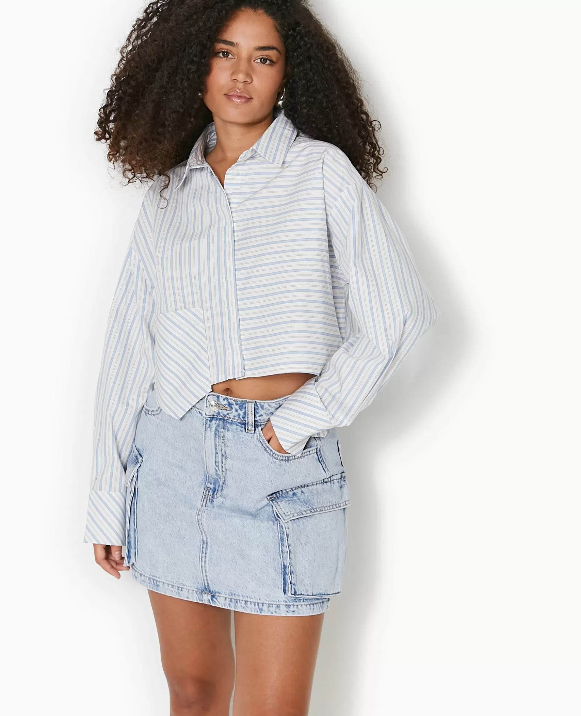 Store Pimkie Chemise Cropped Rayée Avec Poche Décalée - bleu clair