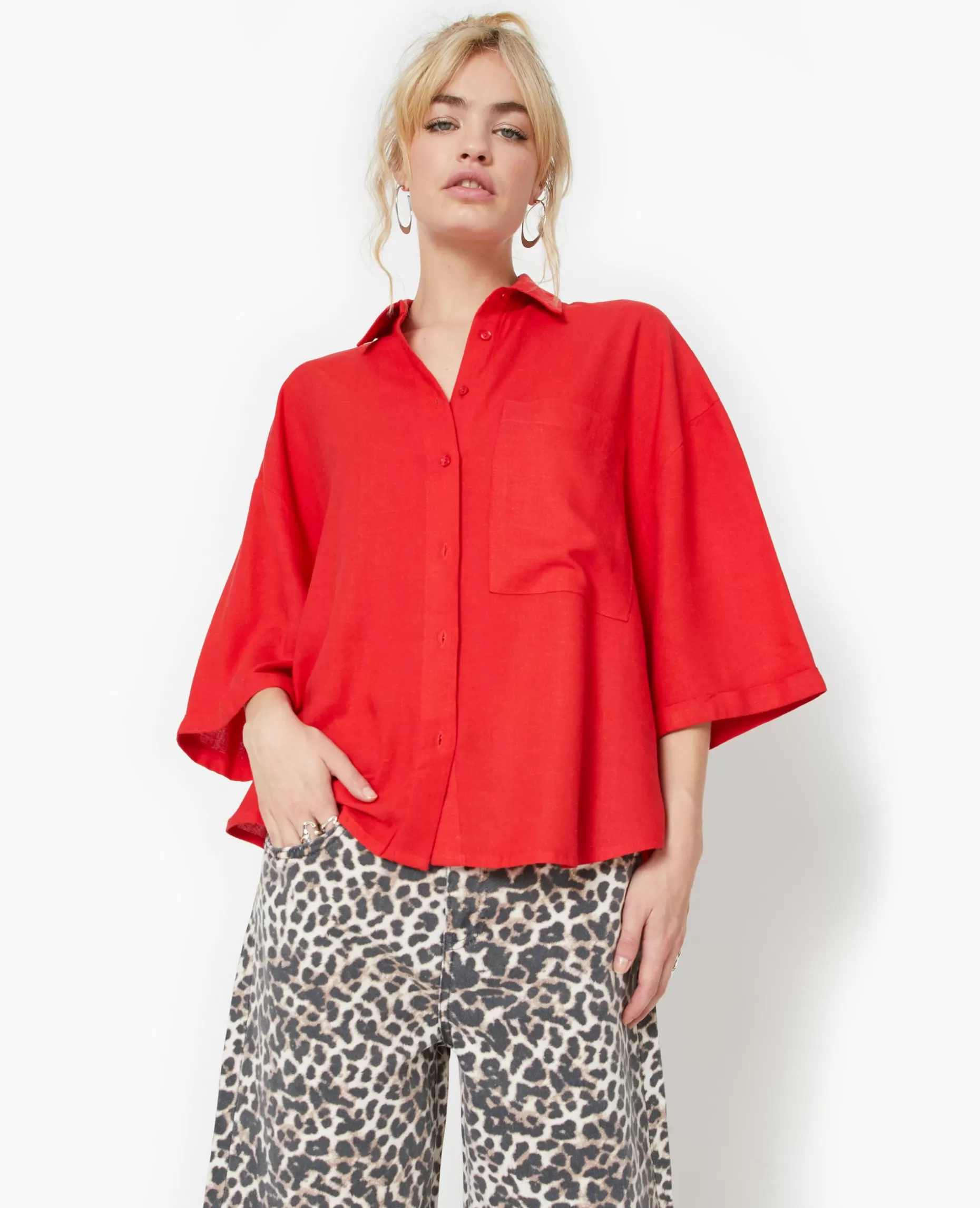 Flash Sale Pimkie Chemise Oversize Manches Courte Avec Lin - rouge