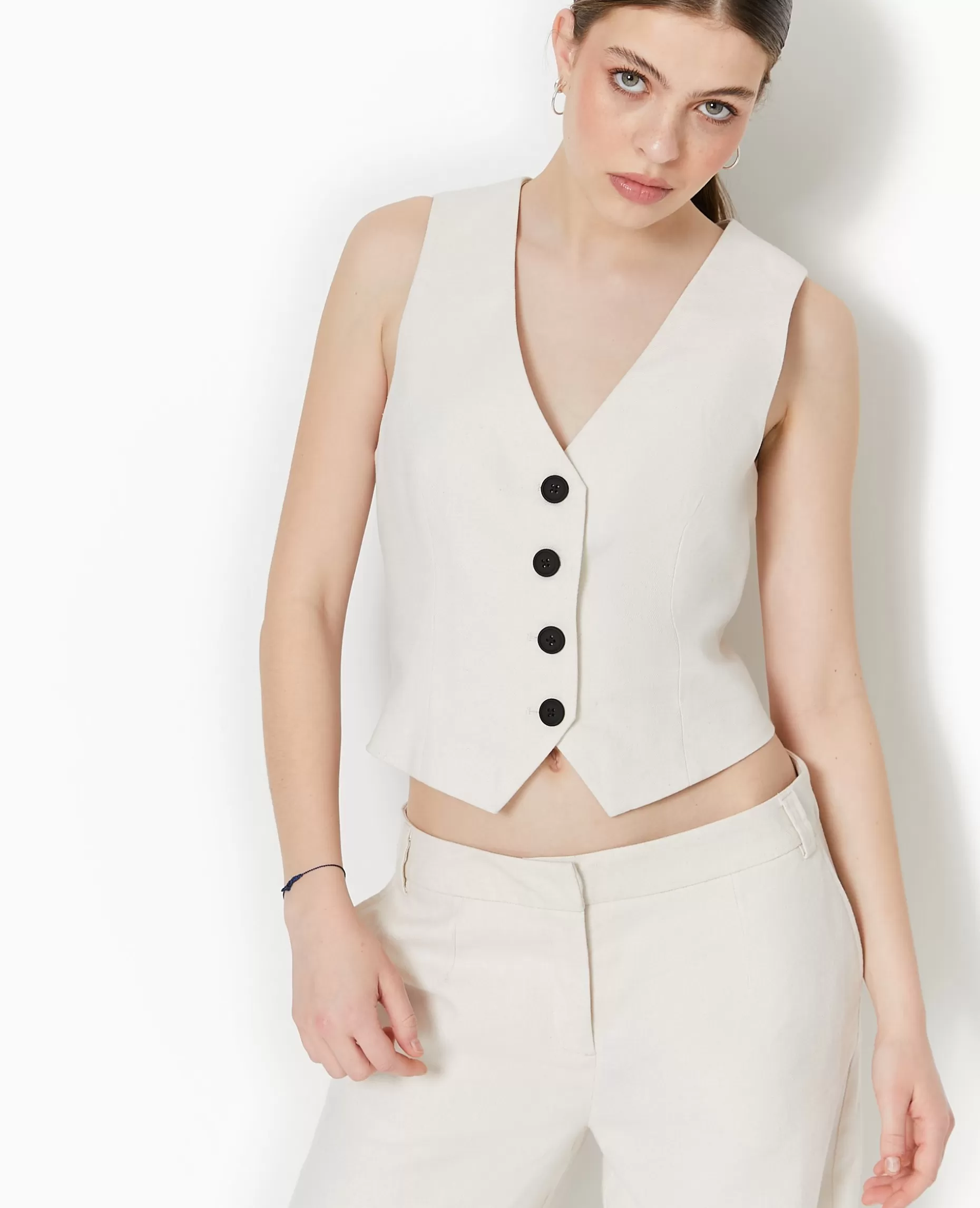 Store Pimkie Gilet De Barman En Tissu Effet Lin Rustique - blanc