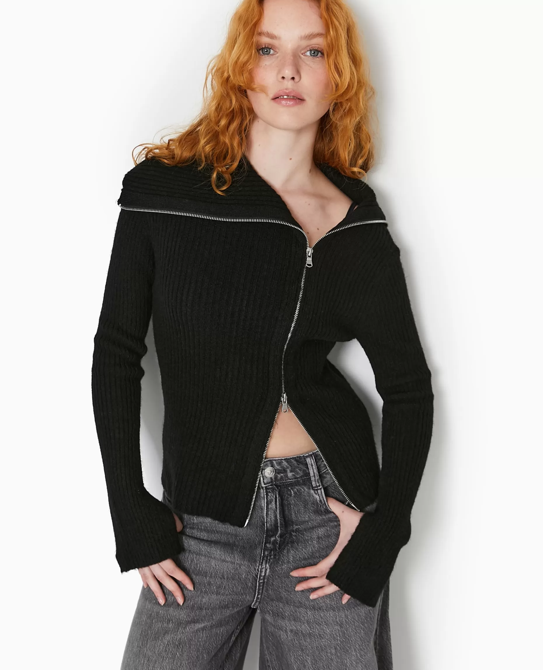 Sale Pimkie Gilet Zippé En Maille Côtelée - noir