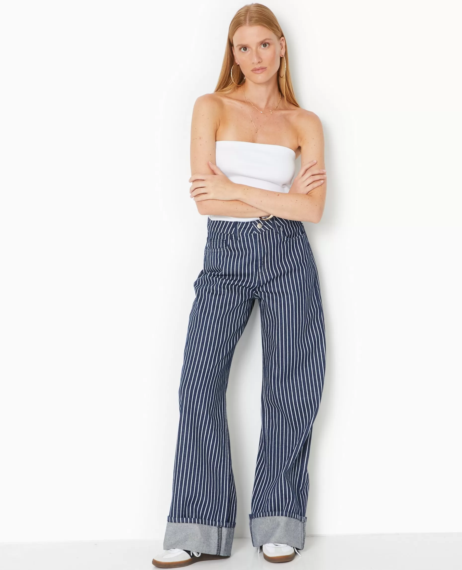 Hot Pimkie Jean Baggy Taille Haute Avec Rayures Et Revers - bleu