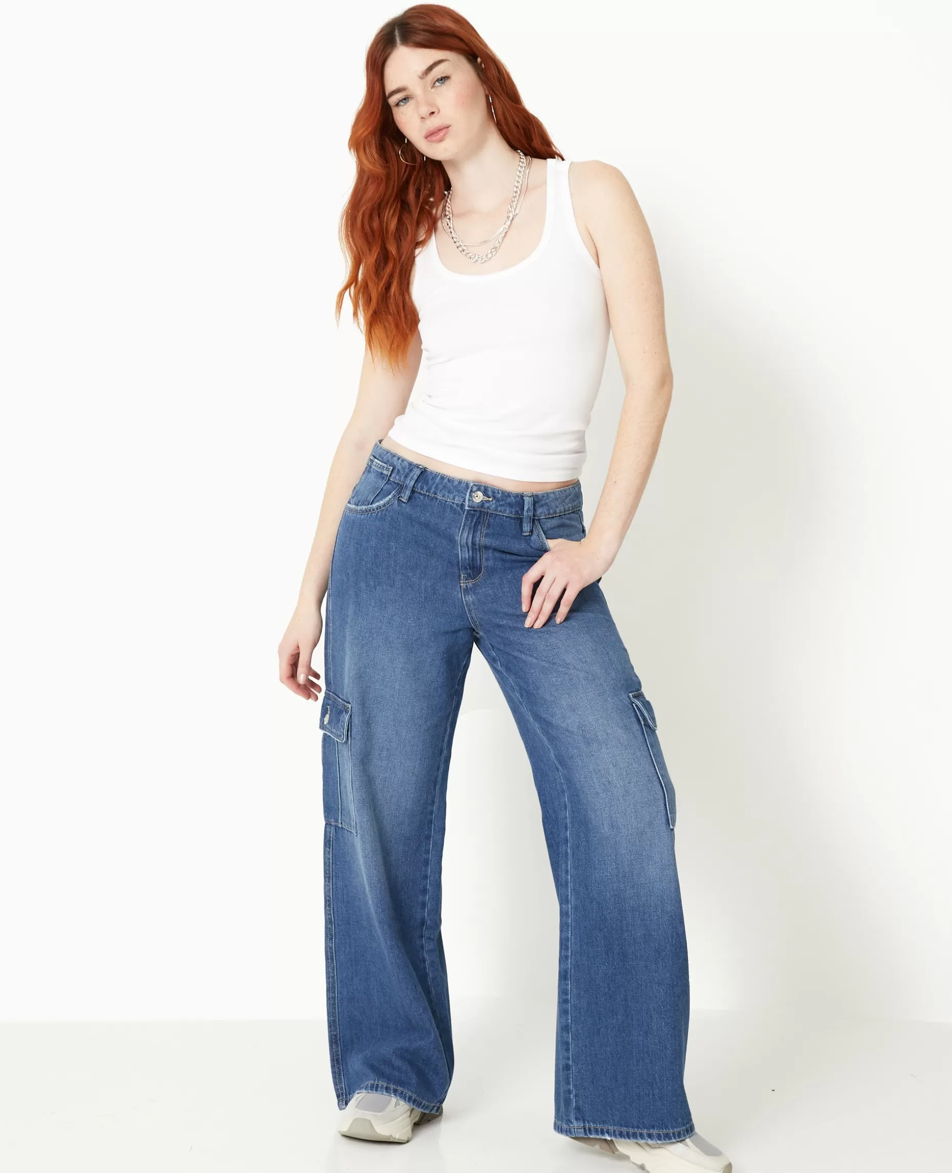 Shop Pimkie Jean Cargo Taille Regular - bleu