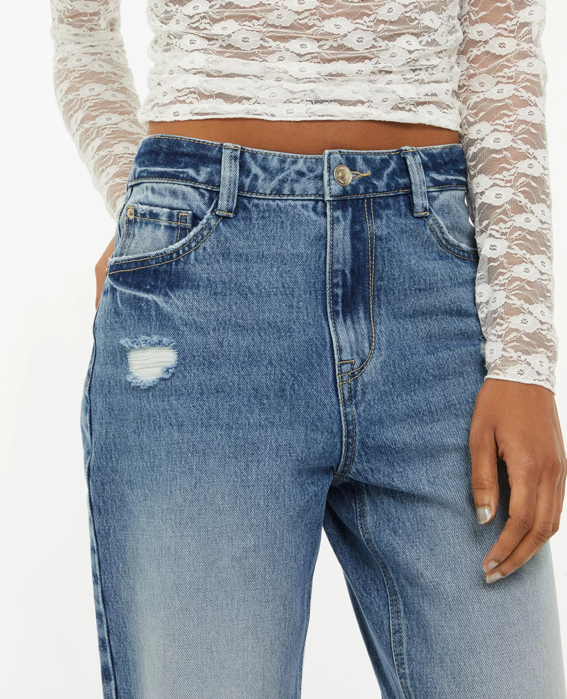 Hot Pimkie Jean Mom Taille Haute Trashé - bleu