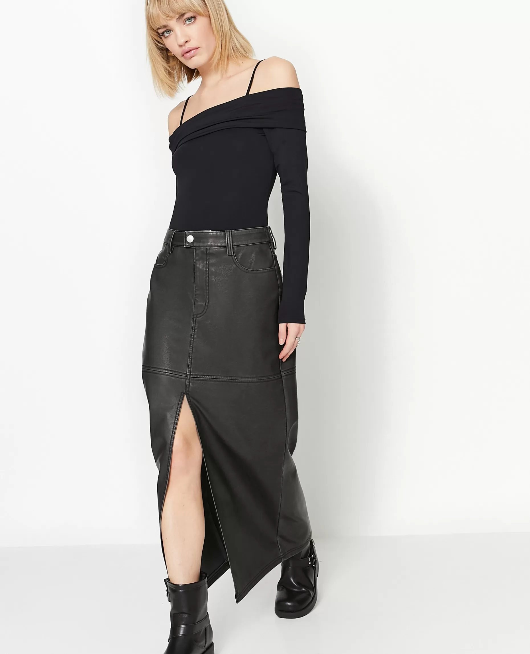 Best Pimkie Jupe Longue En Faux Cuir Used Avec Poches - gris foncé