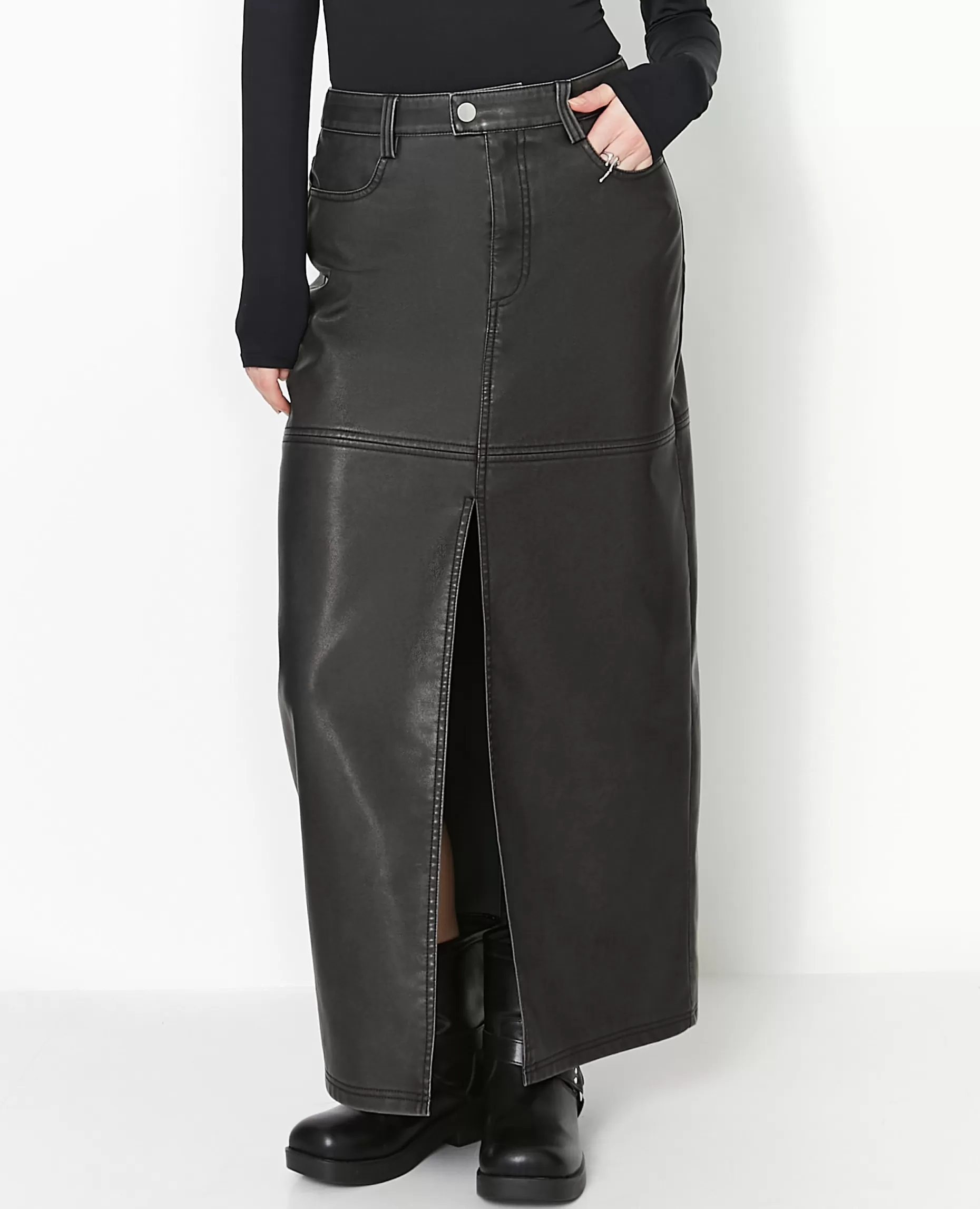 Best Pimkie Jupe Longue En Faux Cuir Used Avec Poches - gris foncé