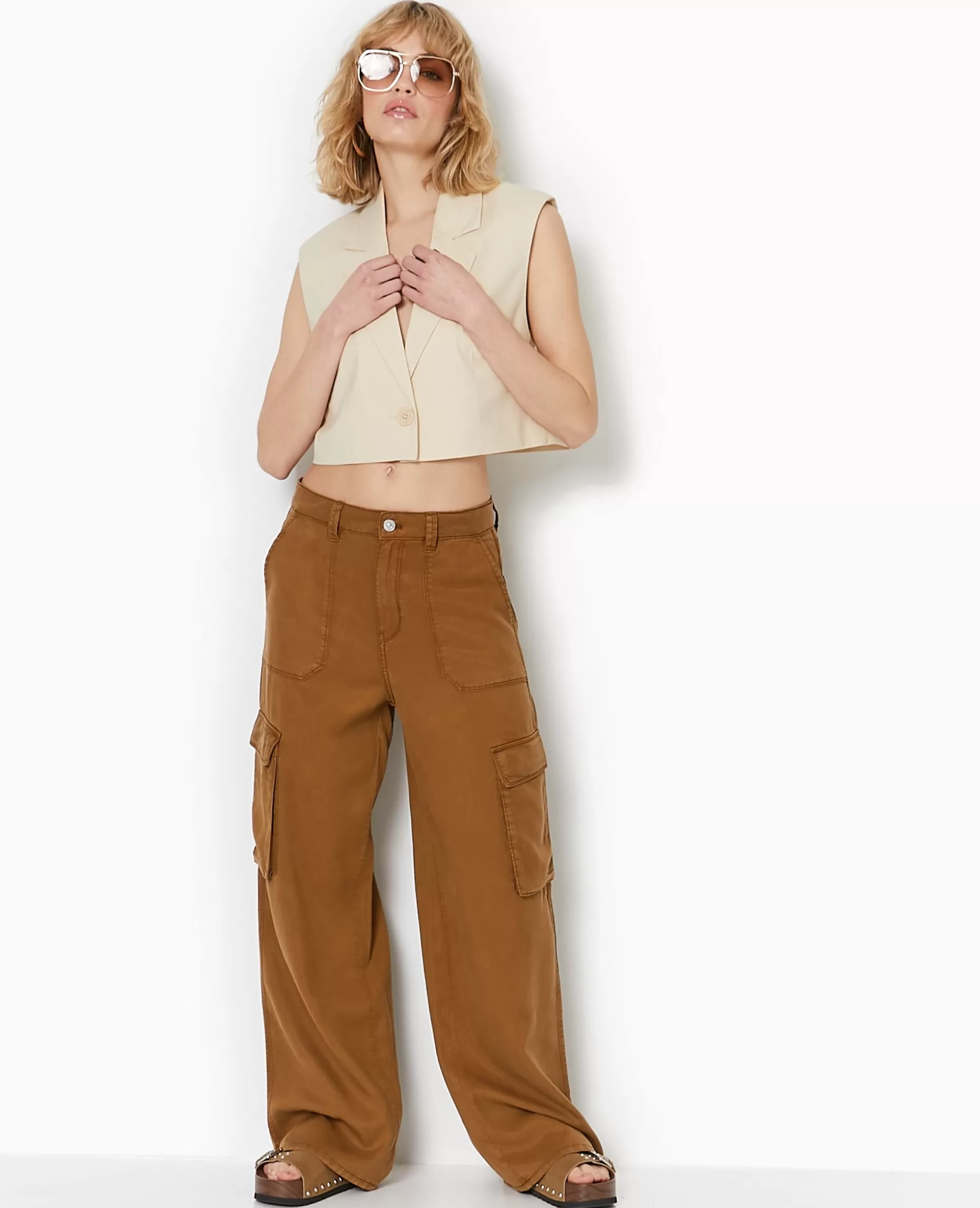 Clearance Pimkie Pantalon Cargo En Tissu Fluide Tencel - marron