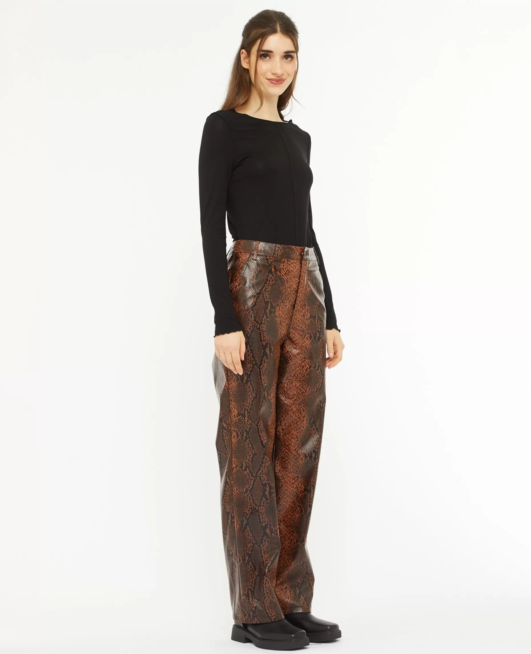 Discount Pimkie Pantalon Droit En Simili Effet Python - marron