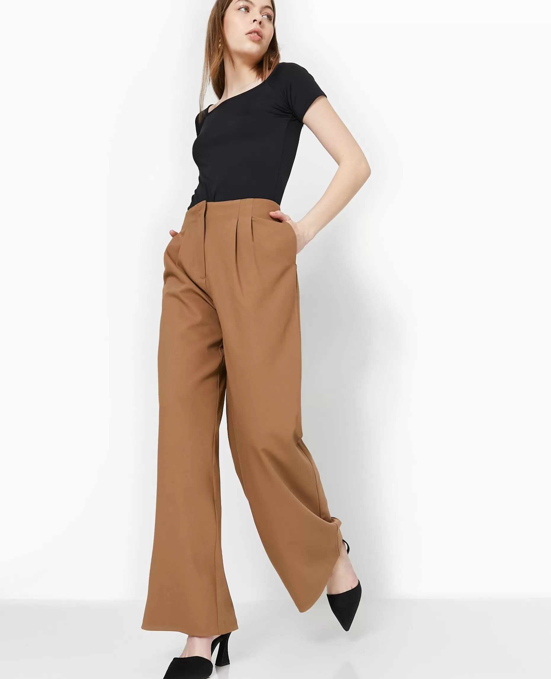 Shop Pimkie Pantalon Large Avec Pinces - Marron