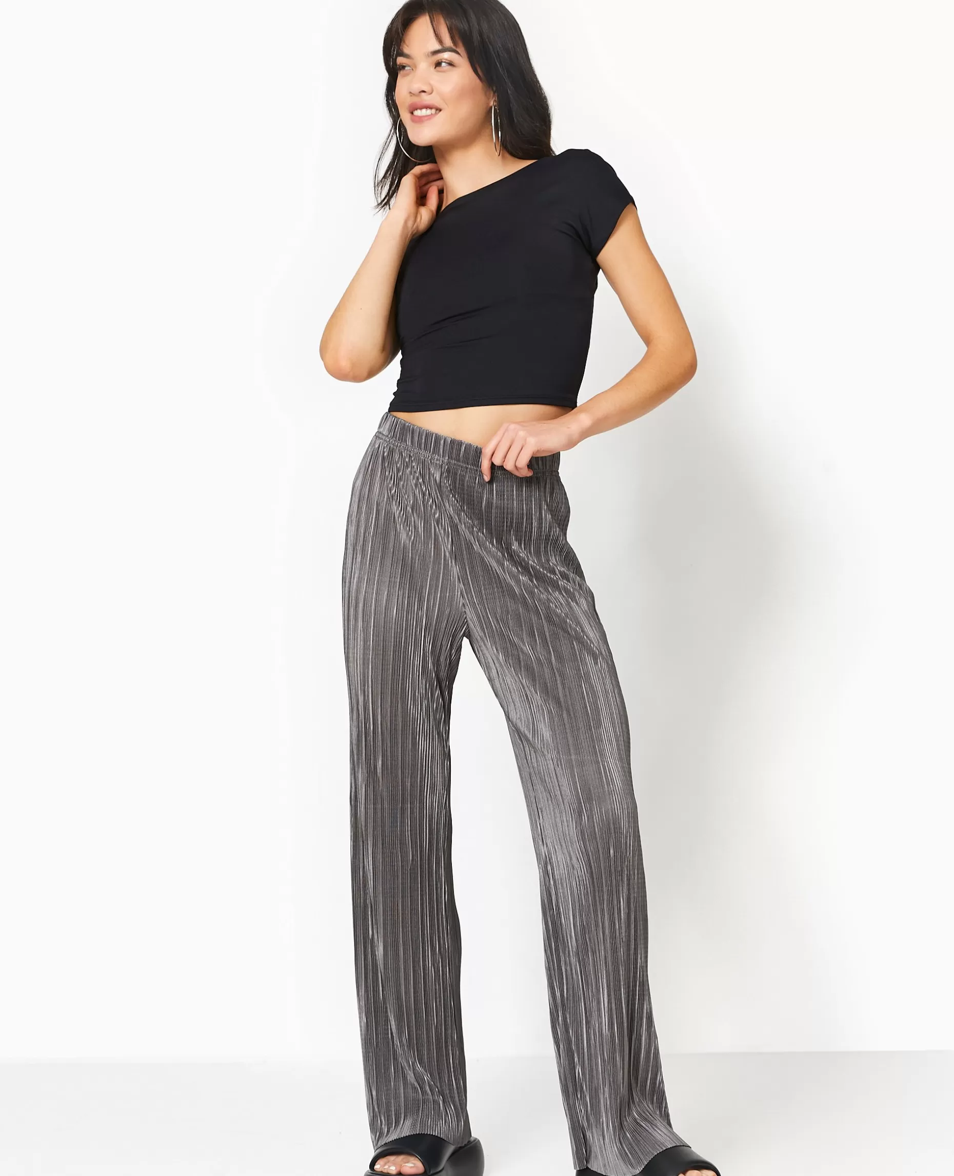 Cheap Pimkie Pantalon Large En Tissu Plissé Et Satiné - gris foncé