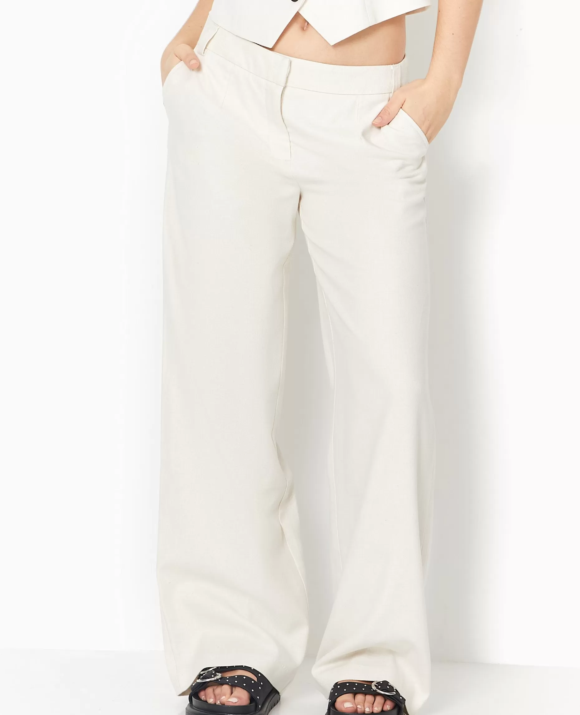 Best Sale Pimkie Pantalon Large Et Droit En Tissu Façon Lin - blanc