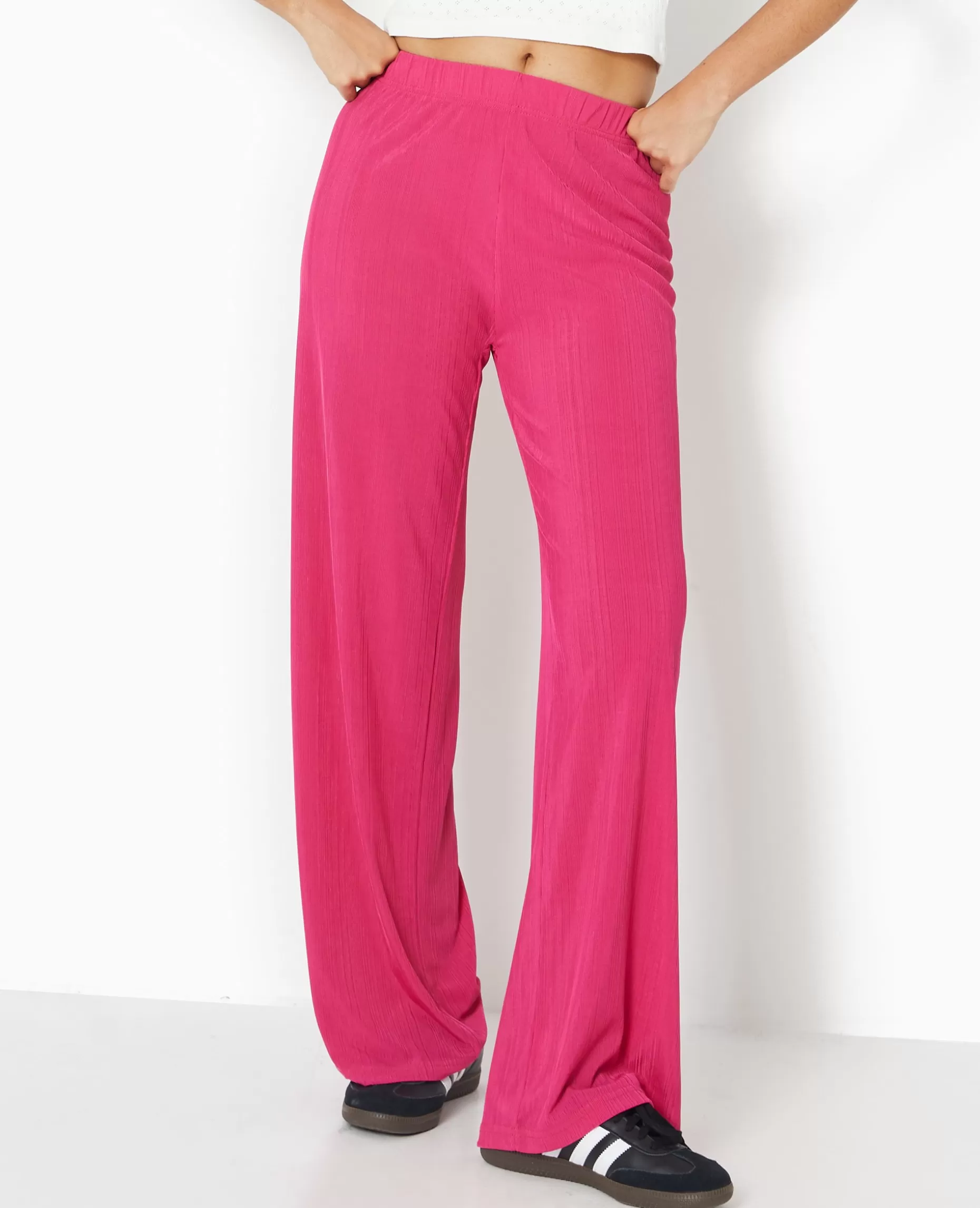 Fashion Pimkie Pantalon Palazzo En Maille Texturée Affet Rayé - Rose poudré