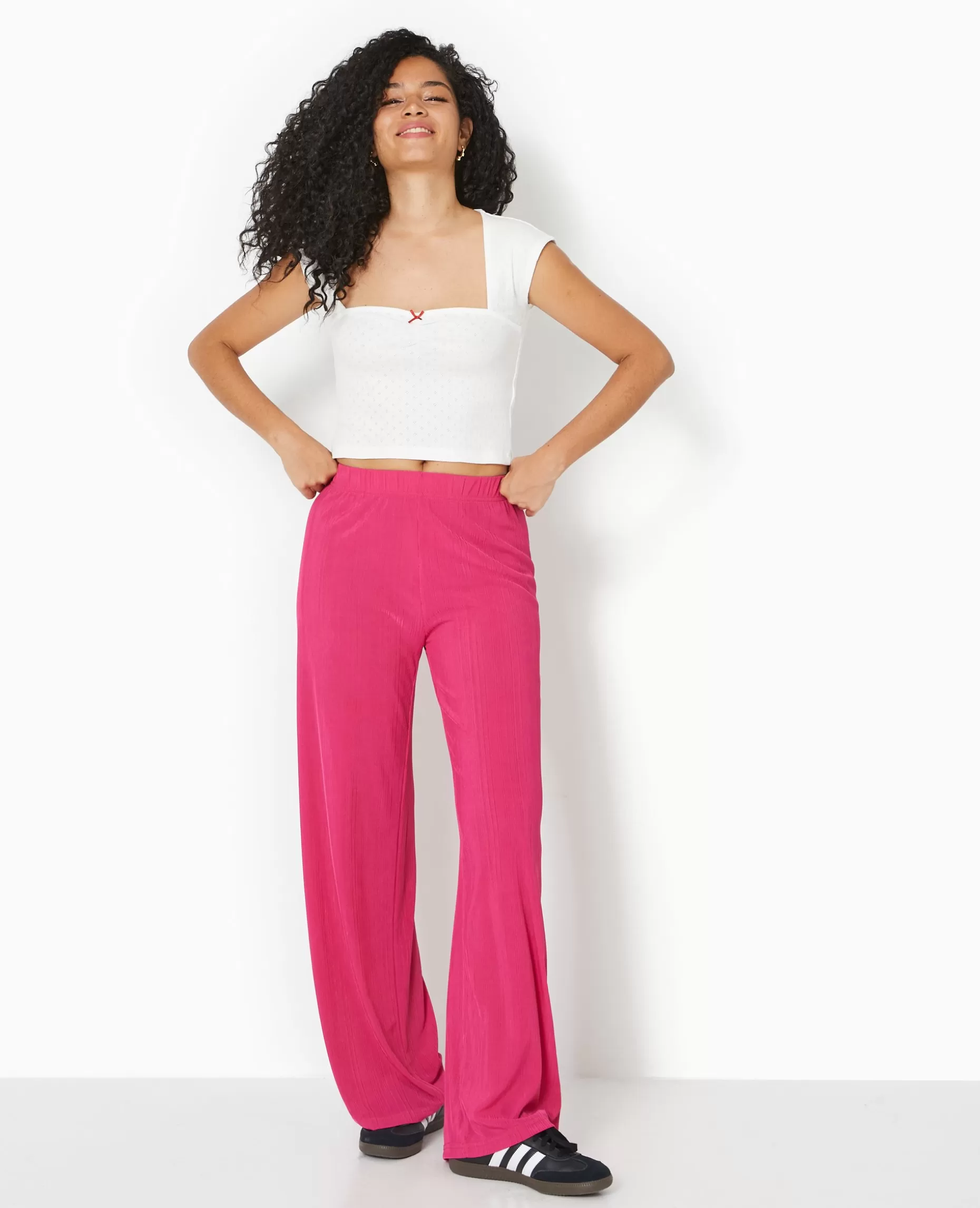 Fashion Pimkie Pantalon Palazzo En Maille Texturée Affet Rayé - Rose poudré