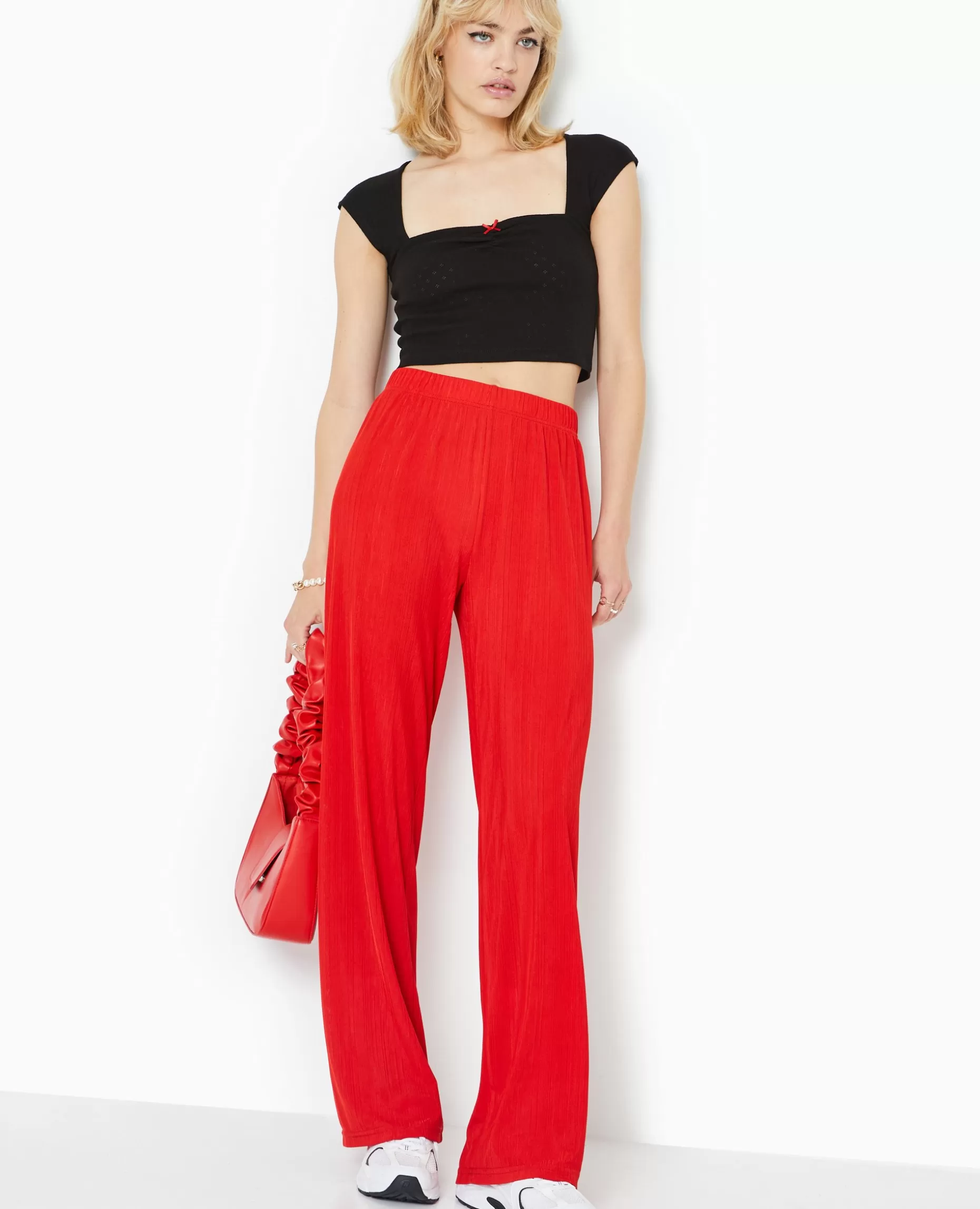 Best Sale Pimkie Pantalon Palazzo En Maille Texturée Effet Rayé - rouge