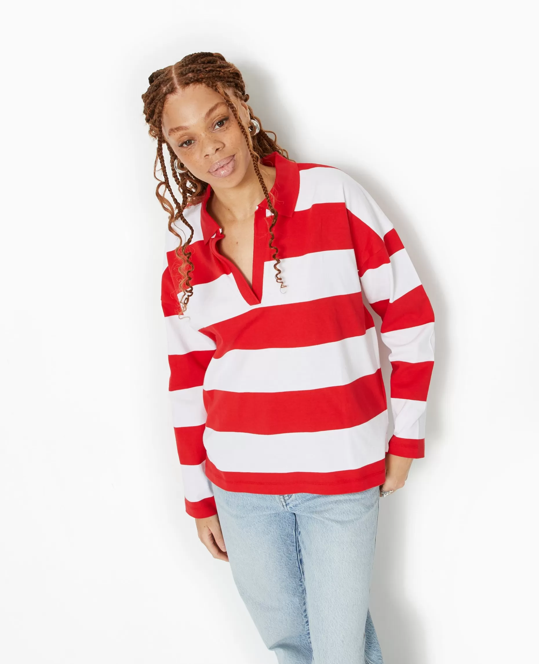 Best Pimkie Polo Rayé Oversize Manches Longues - rouge