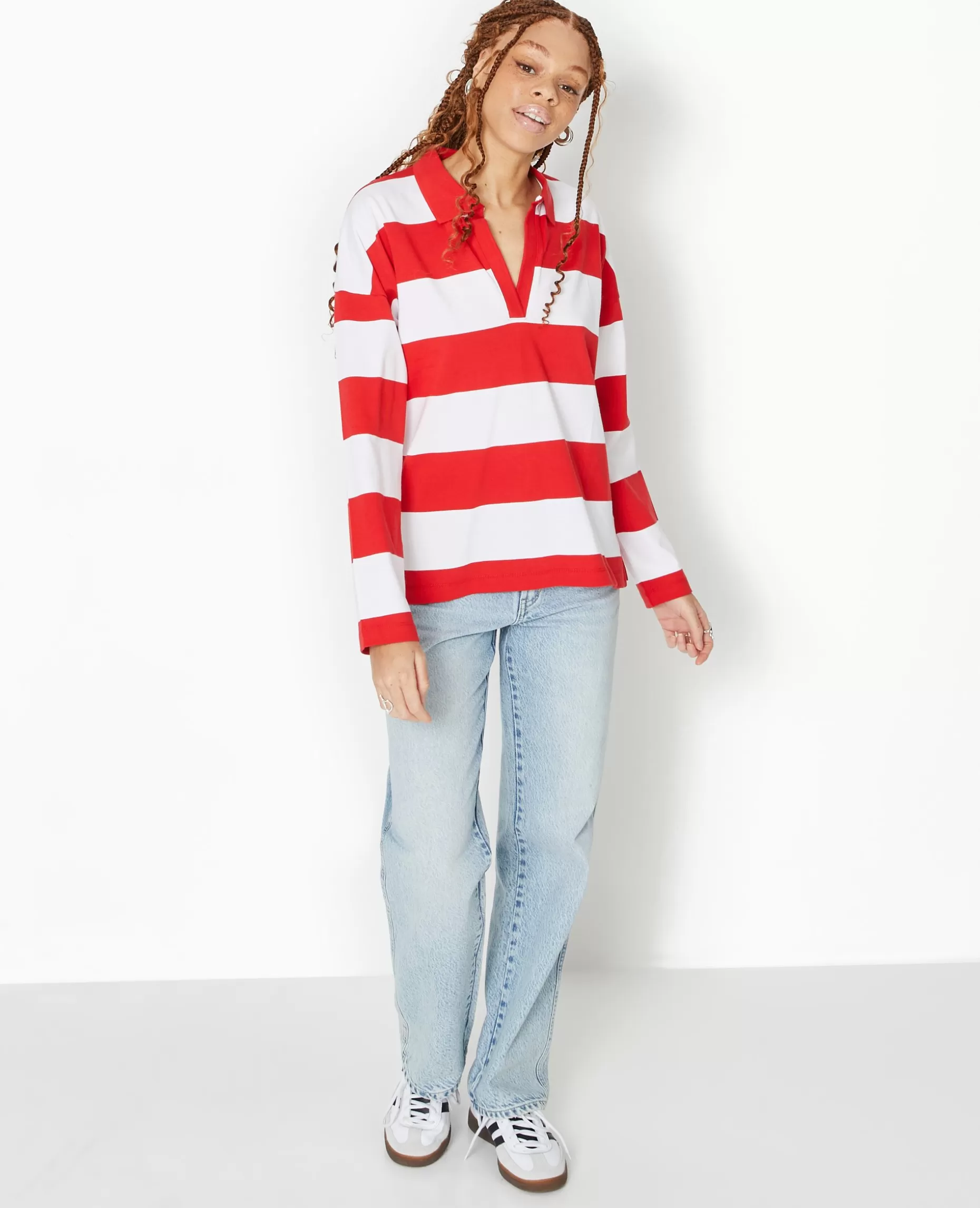 Best Pimkie Polo Rayé Oversize Manches Longues - rouge