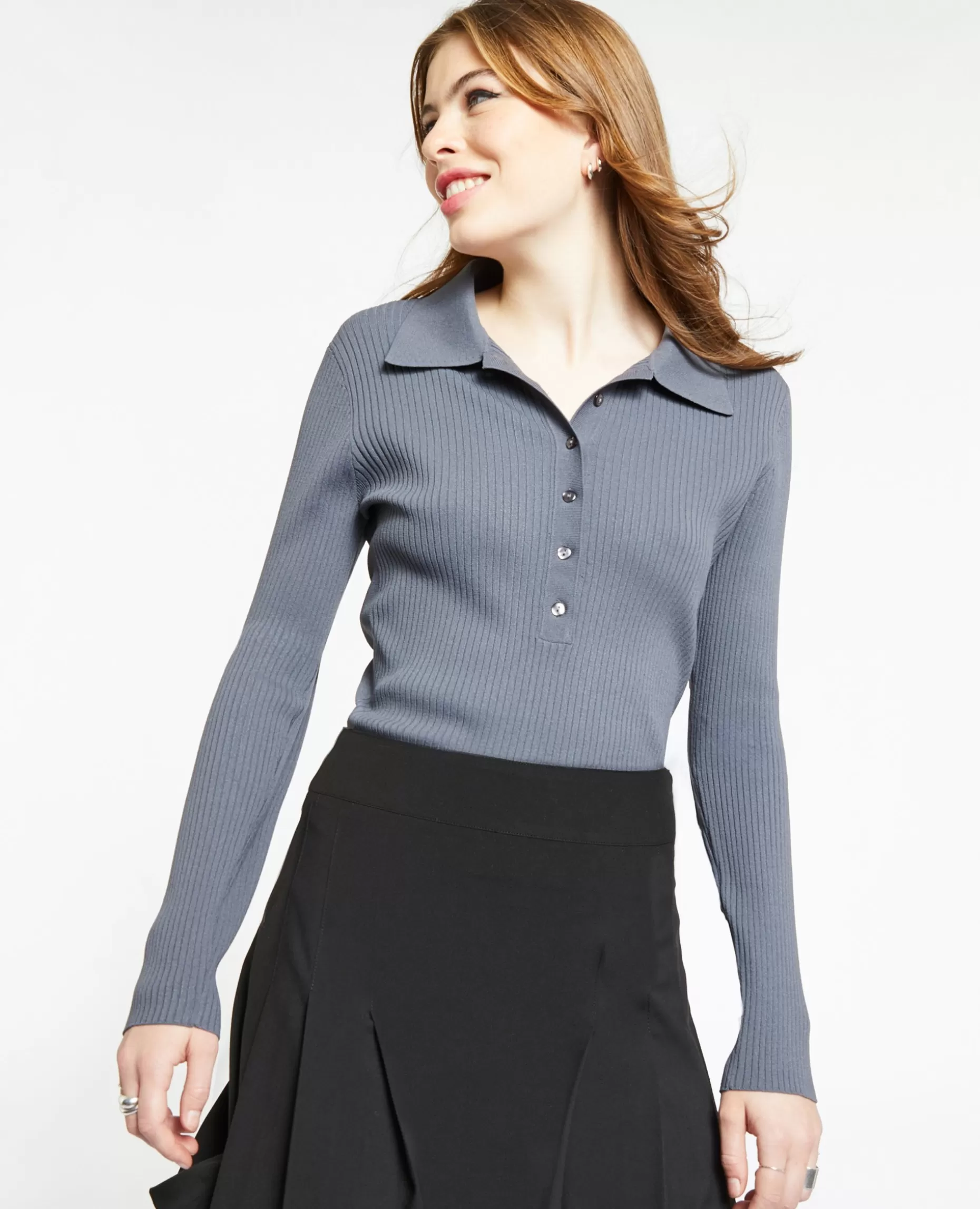 Flash Sale Pimkie Pull Col Polo En Maille Côtelée - gris foncé