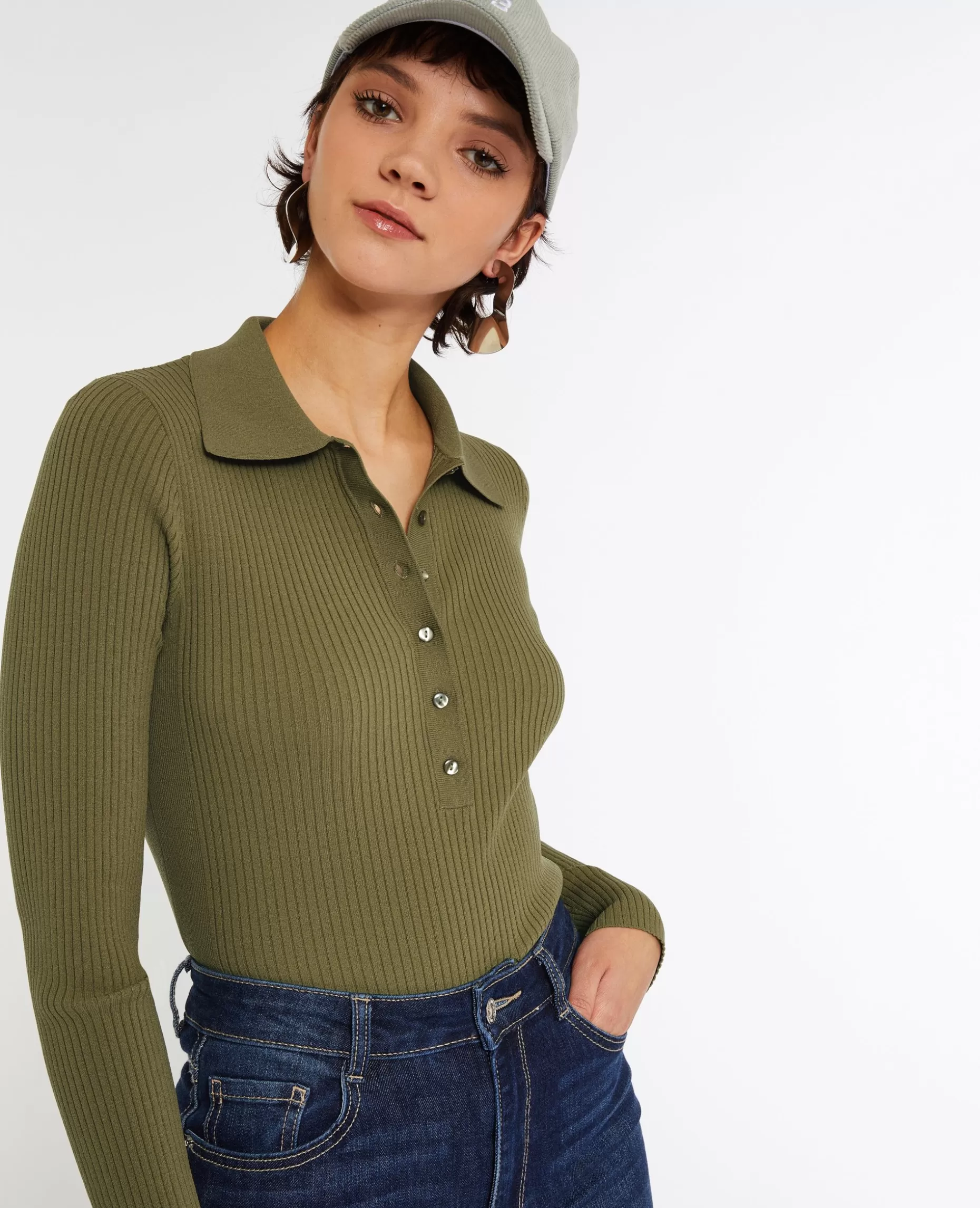 Sale Pimkie Pull Col Polo En Maille Côtelée - vert kaki