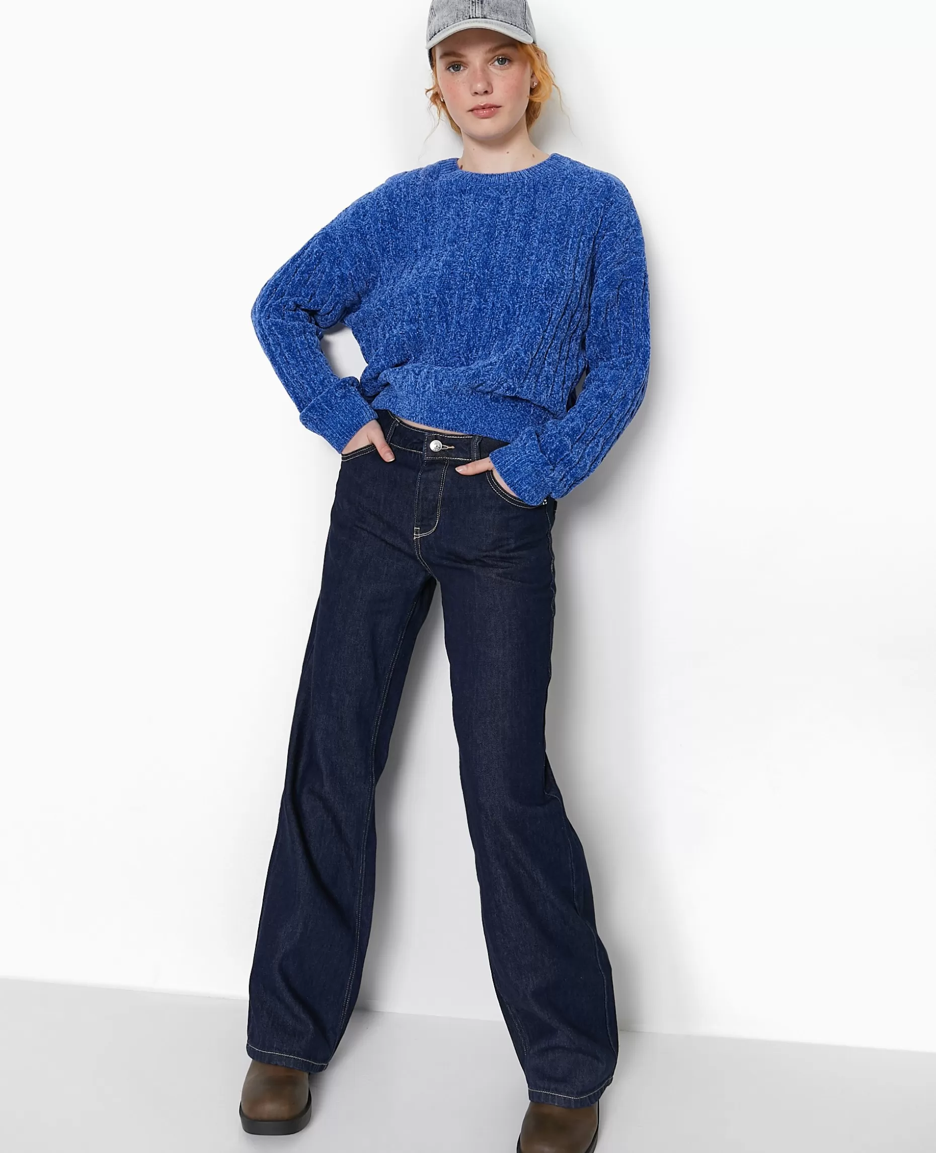 Shop Pimkie Pull Col Rond En Maille Chenille Torsadée - bleu électrique