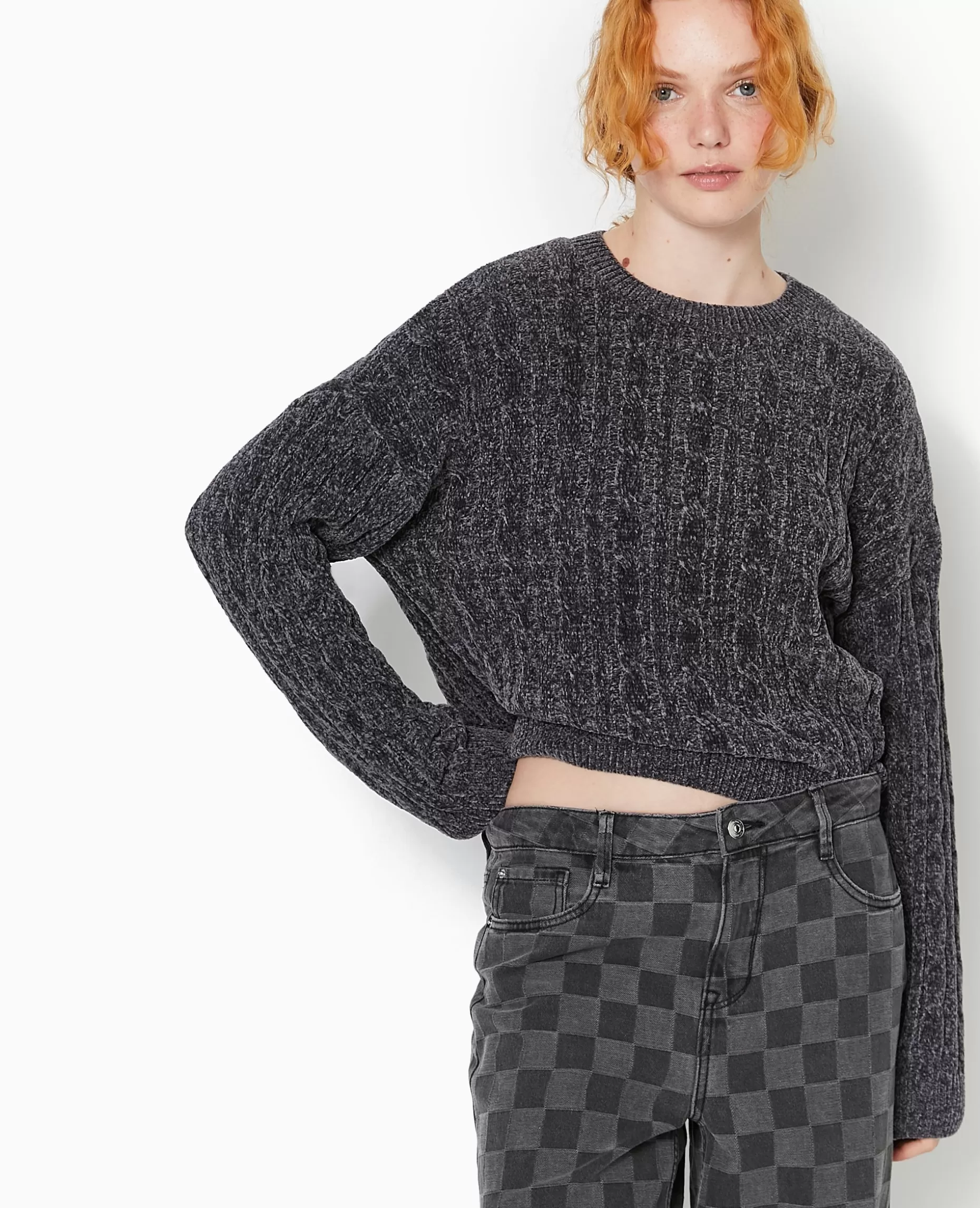 Best Sale Pimkie Pull Col Rond En Maille Chenille Torsadée - gris foncé