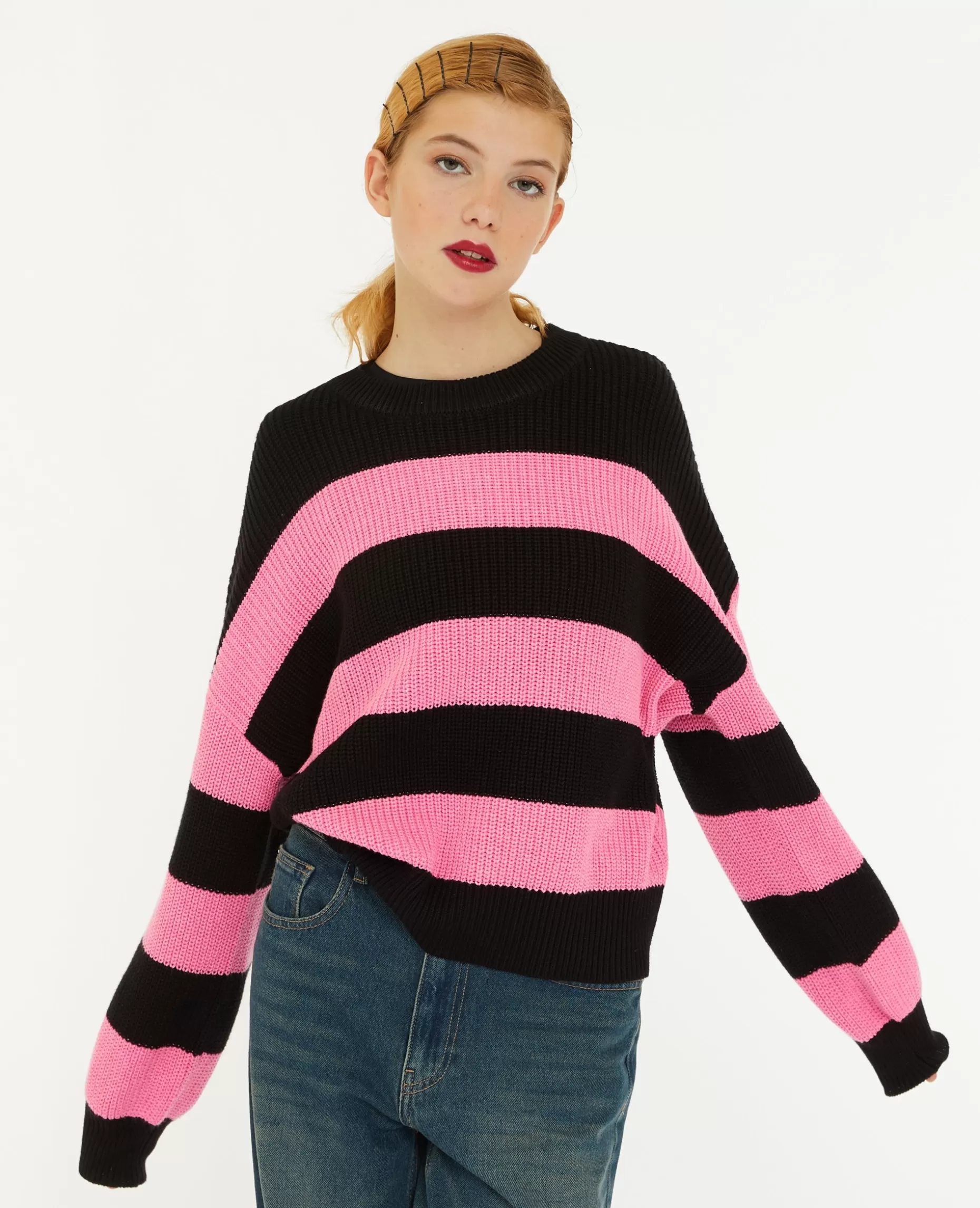 Best Sale Pimkie Pull Col Rond En Maille Rayée - rose