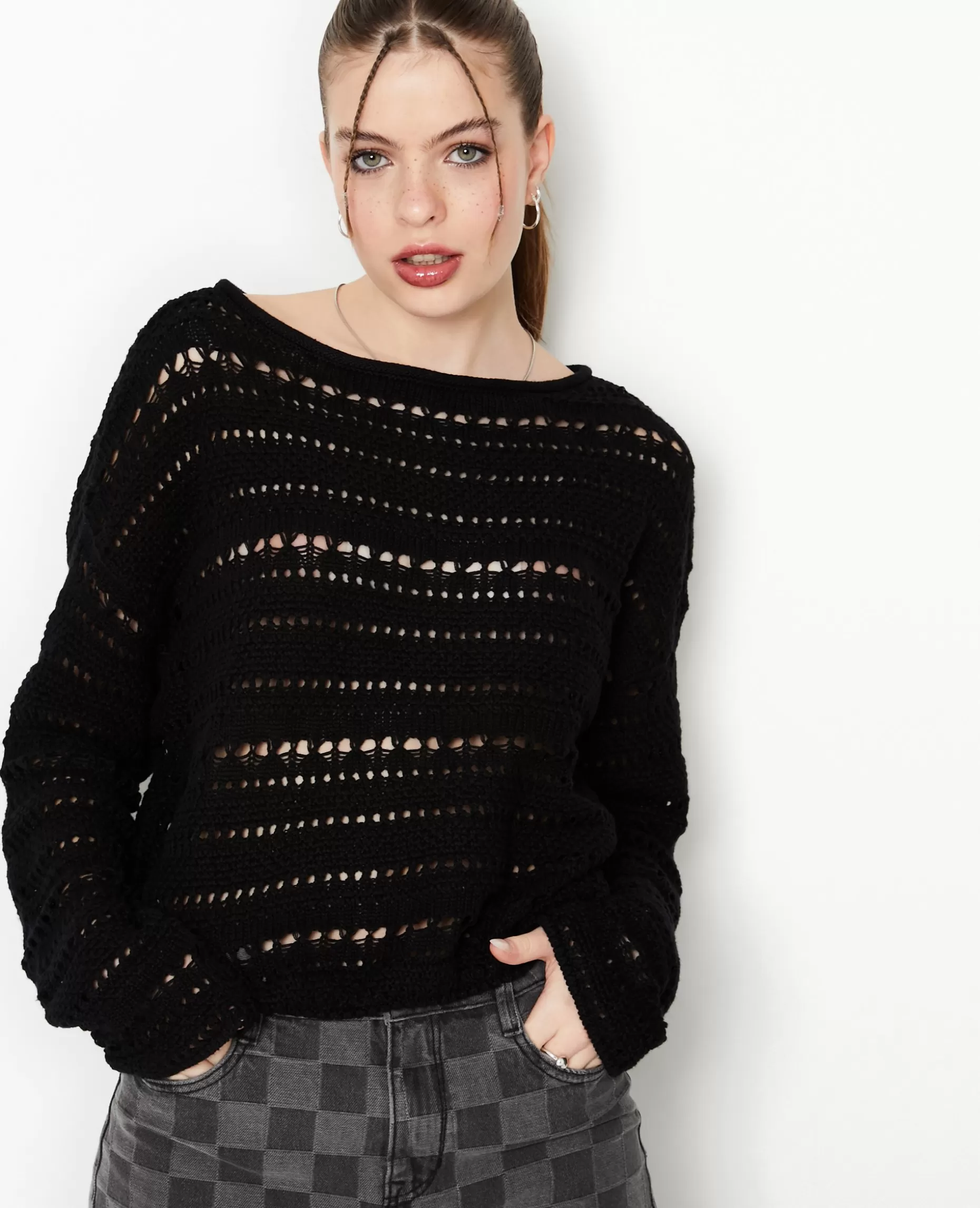 Sale Pimkie Pull En Maille Ajourée Façon Crochet - noir