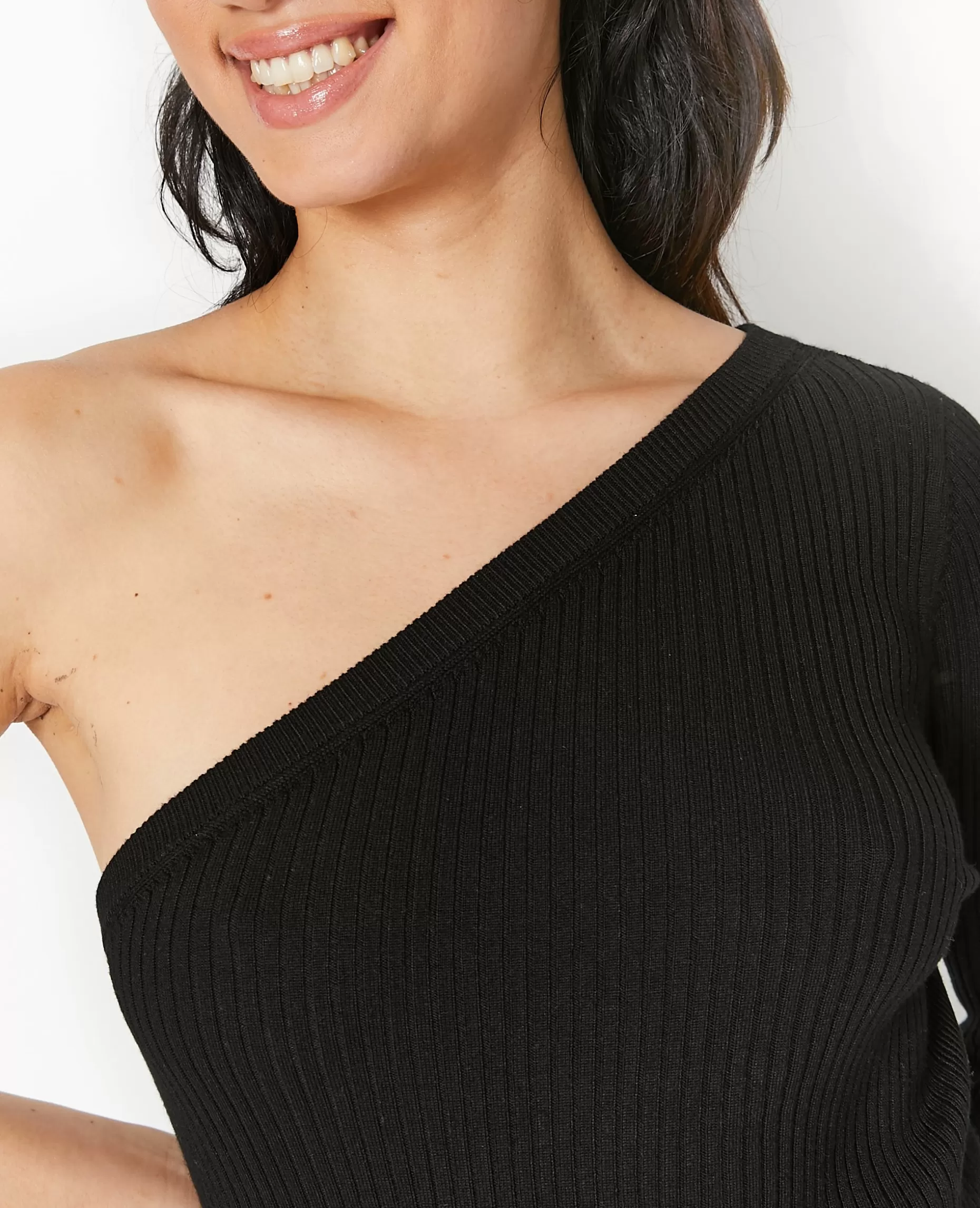 New Pimkie Pull Fin One Shoulder En Maille Côtelée - noir