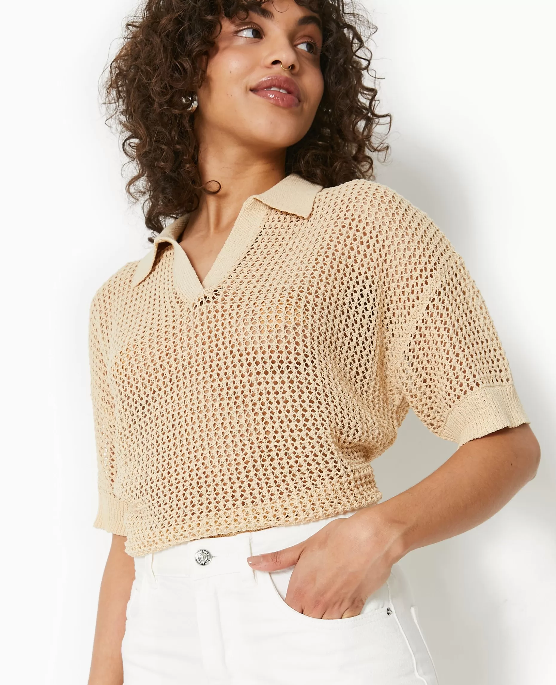 Outlet Pimkie Pull Polo Manches Courtes En Maille Ajourée - beige