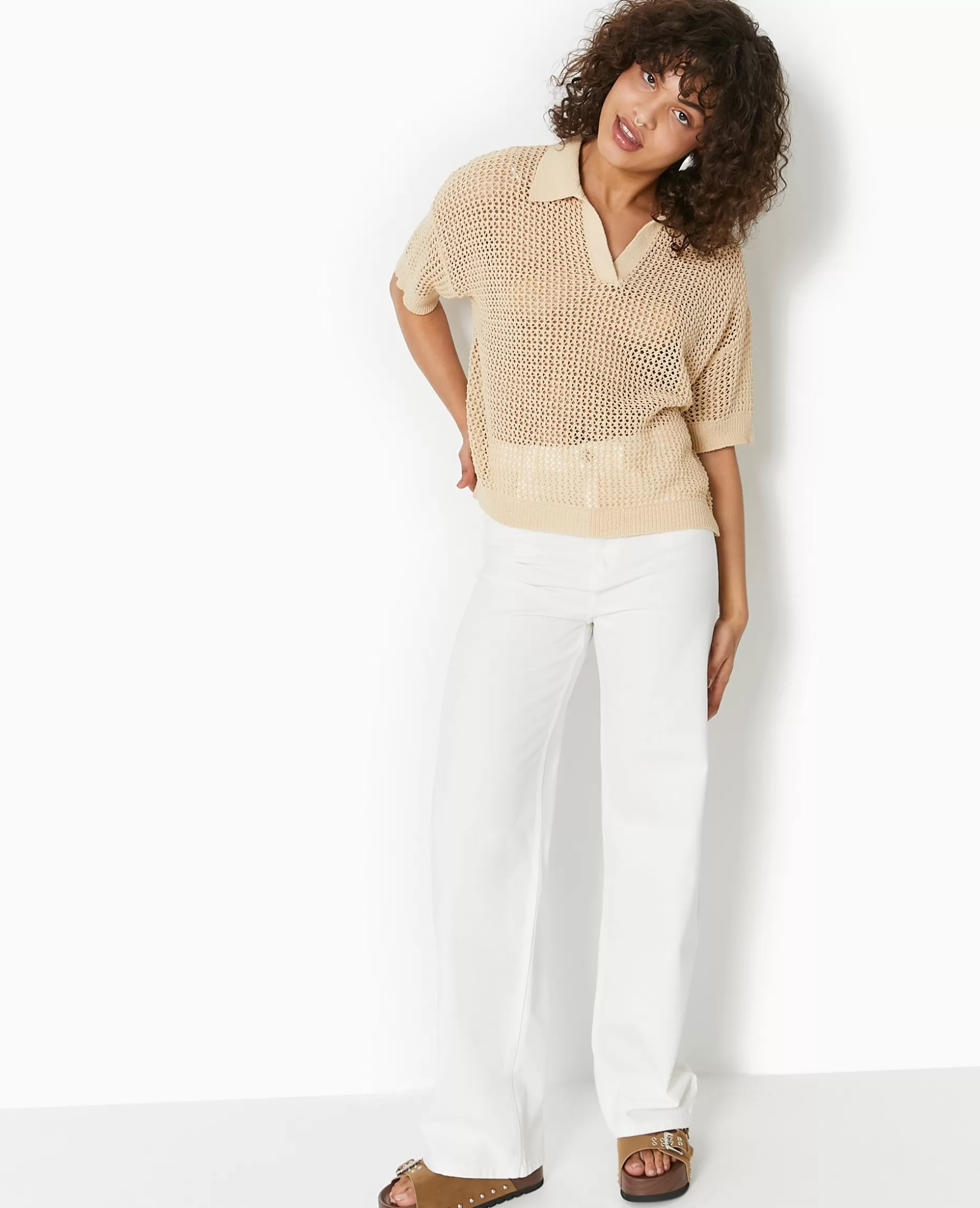 Outlet Pimkie Pull Polo Manches Courtes En Maille Ajourée - beige