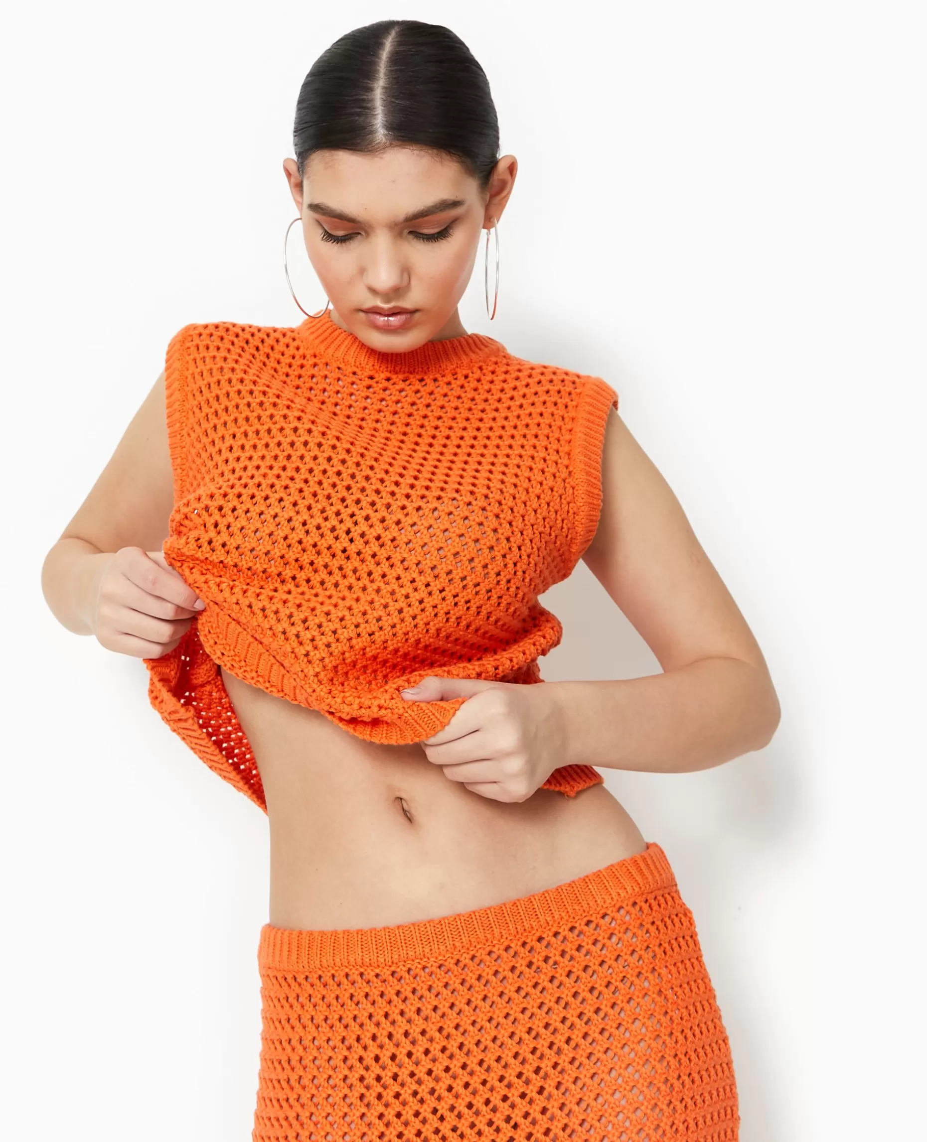 Online Pimkie Pull Sans Manches En Maille Ajourée - orange