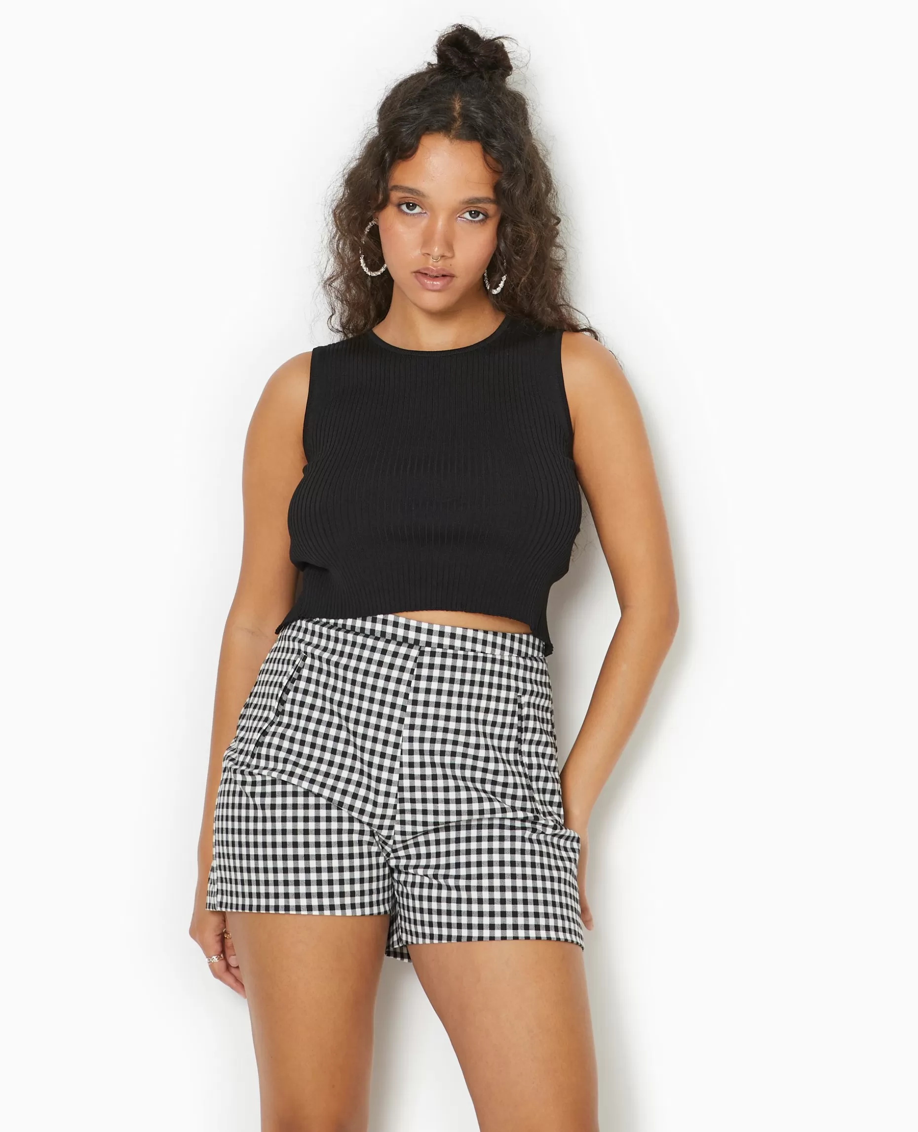 Discount Pimkie Short City Taille Haute Motif Vichy - noir