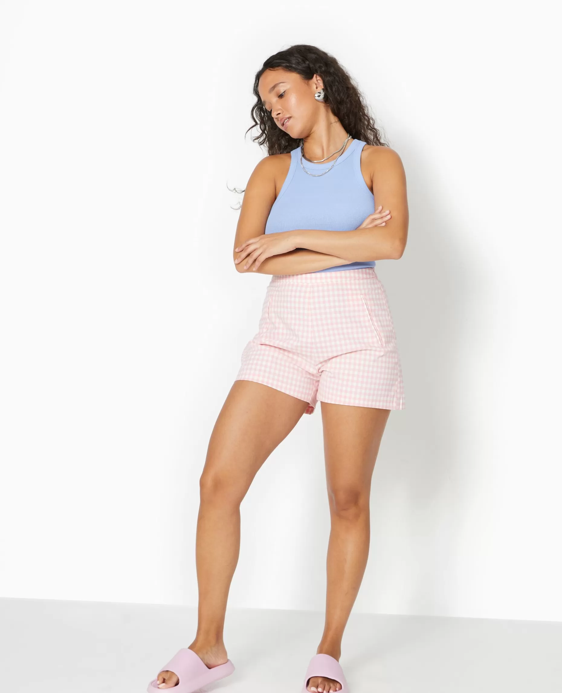 Sale Pimkie Short City Taille Haute Motif Vichy - Rose poudré