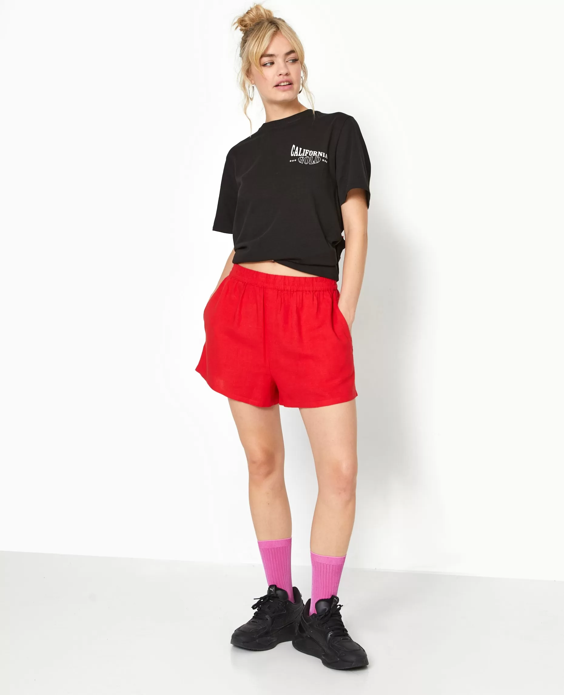 New Pimkie Short Court Taille élastiquée Avec Lin - rouge