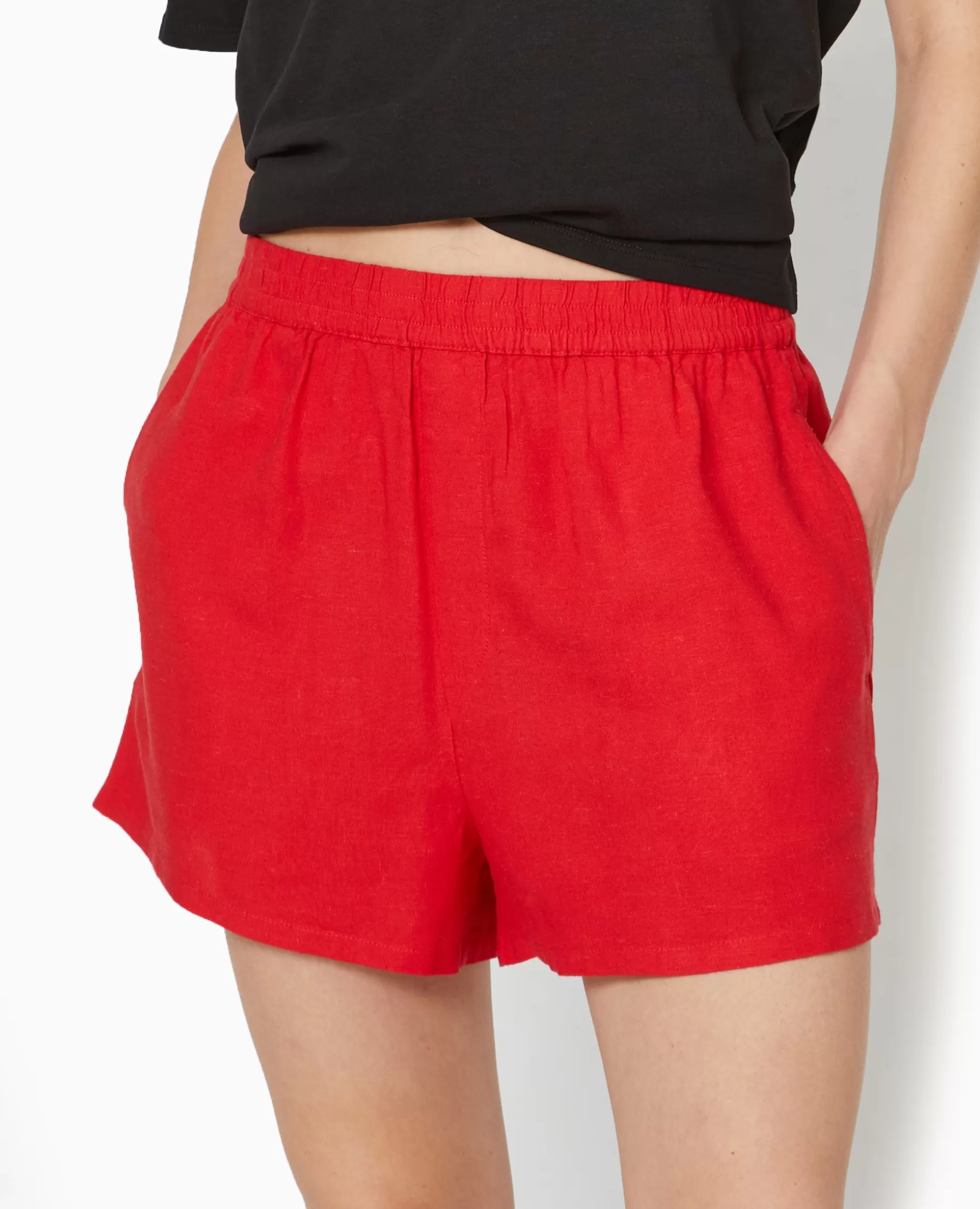 New Pimkie Short Court Taille élastiquée Avec Lin - rouge