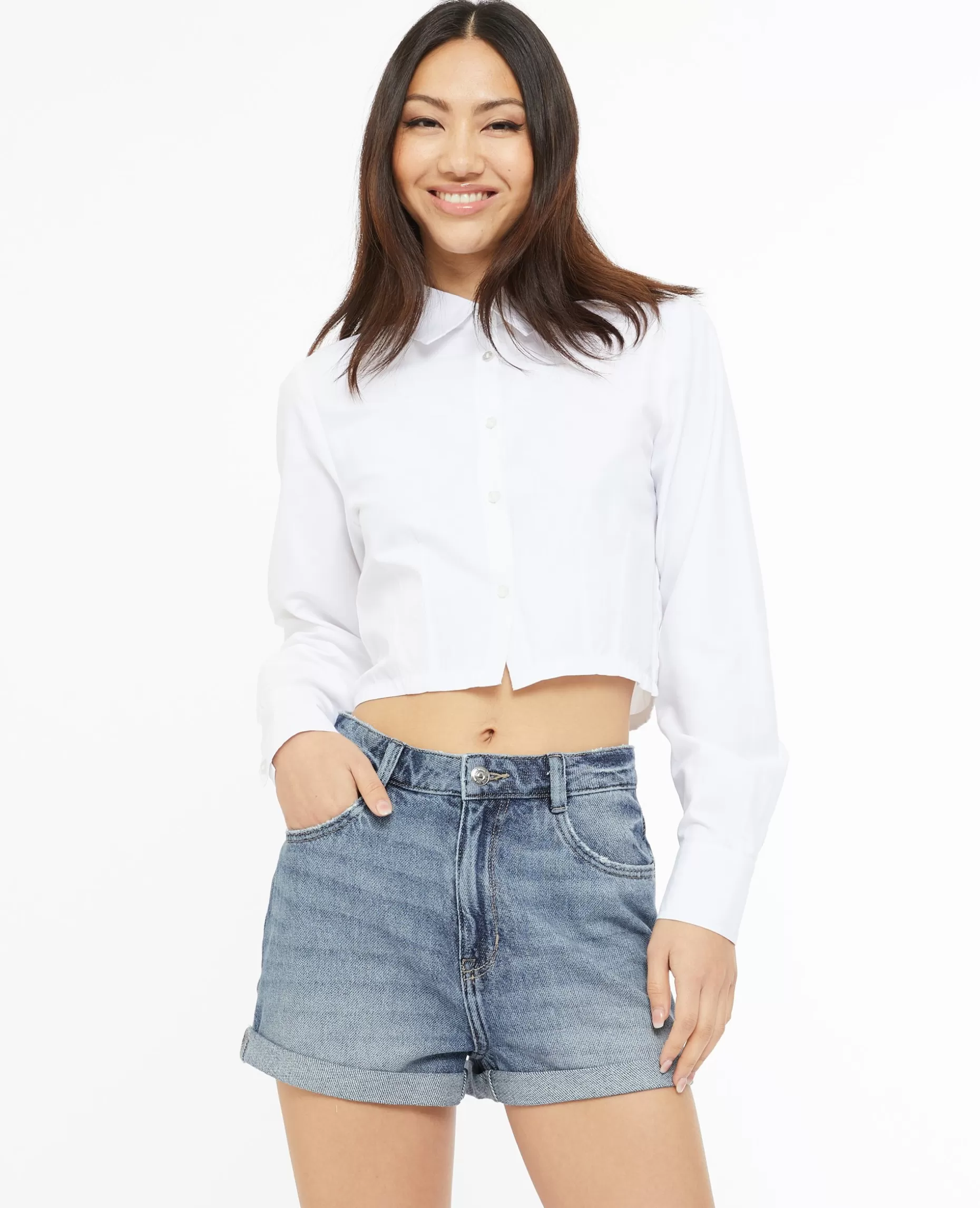 Sale Pimkie Short En Jean Loose Taille Haute Bas Roulottés - bleu