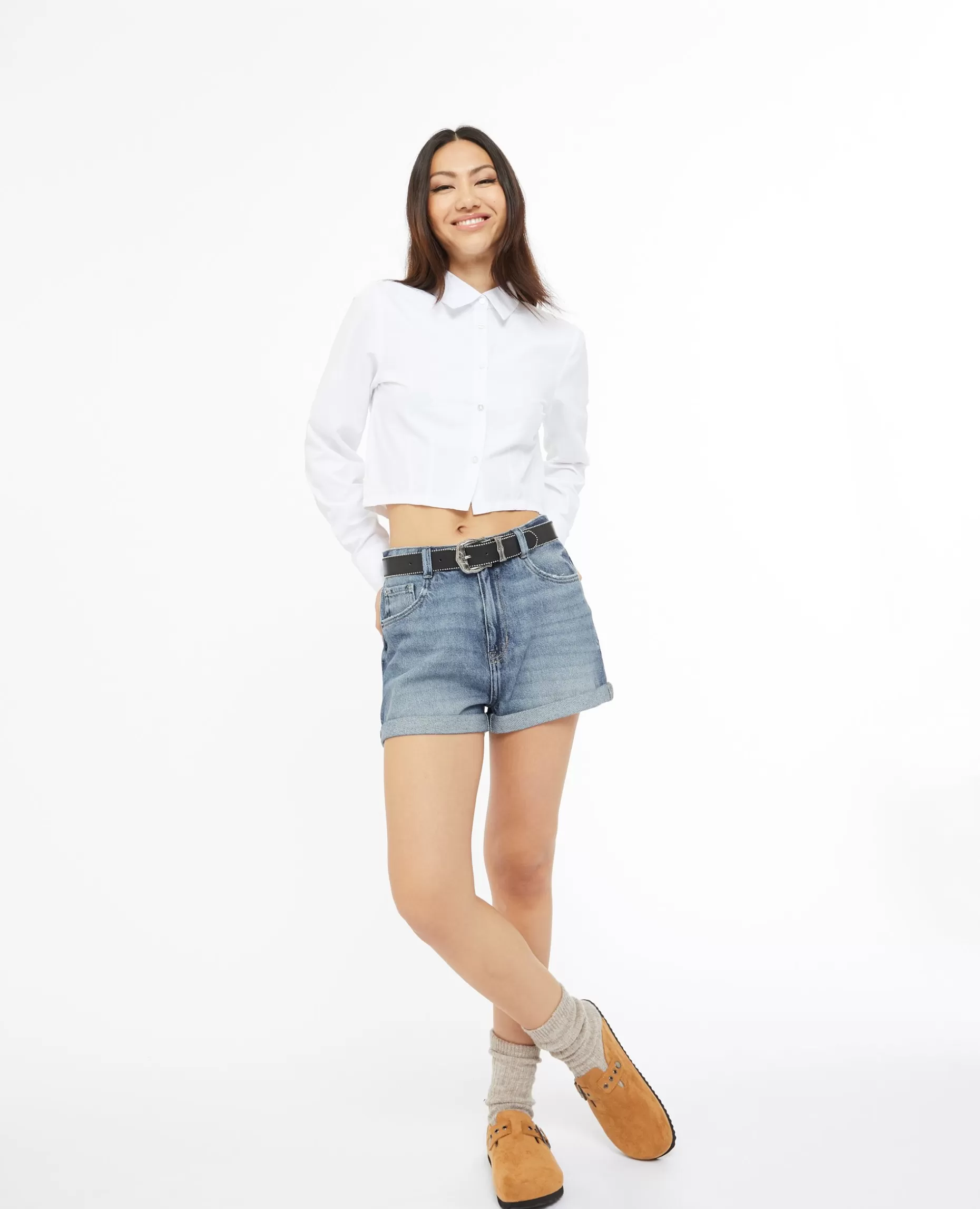 Sale Pimkie Short En Jean Loose Taille Haute Bas Roulottés - bleu