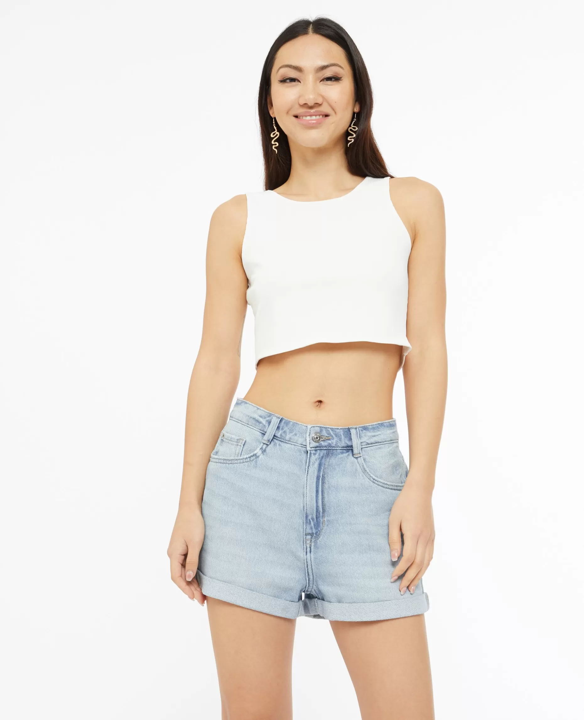 Shop Pimkie Short En Jean Loose Taille Haute Bas Roulottés - bleu clair