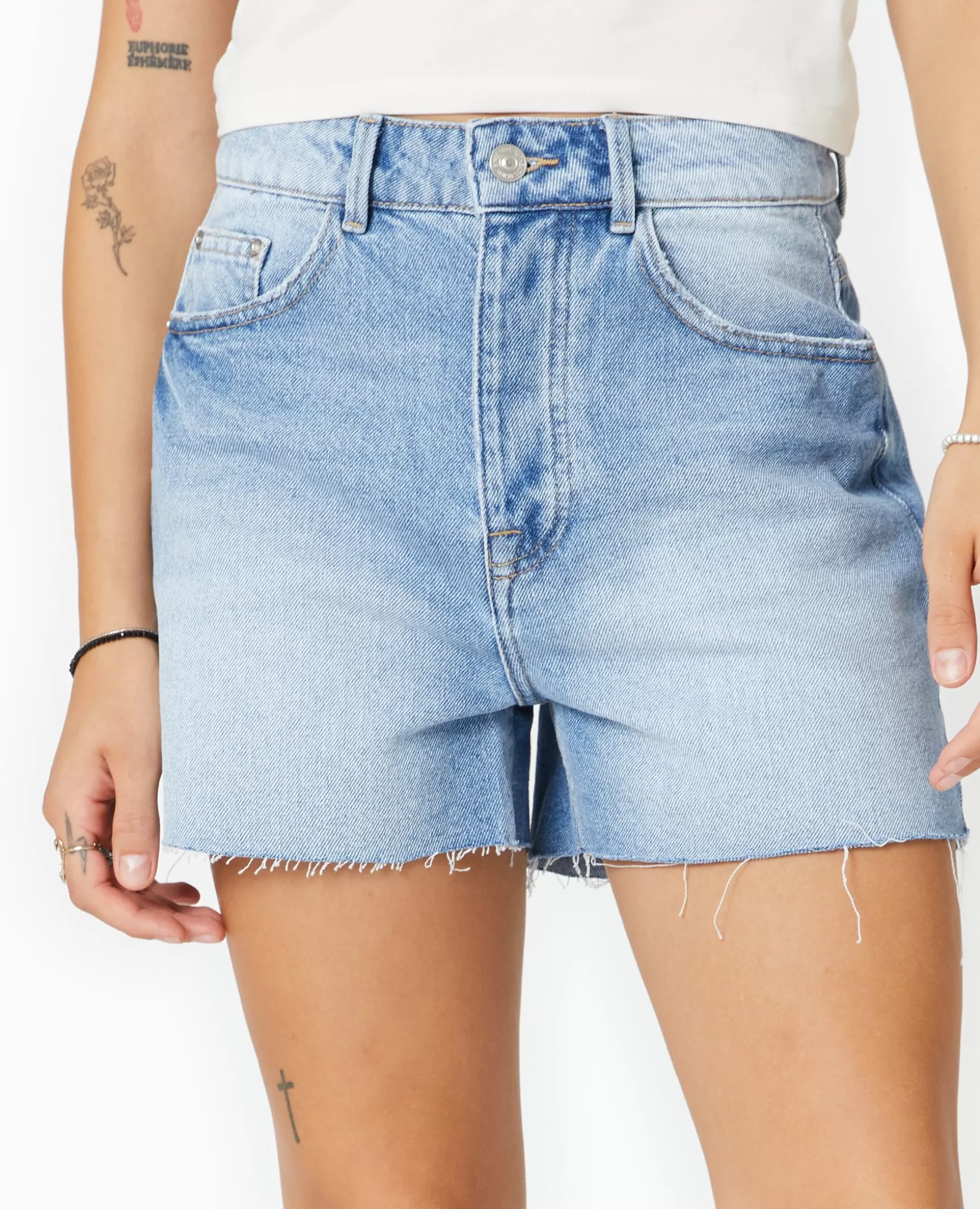 Fashion Pimkie Short En Jean Taille Haute Bas Coupés - bleu clair