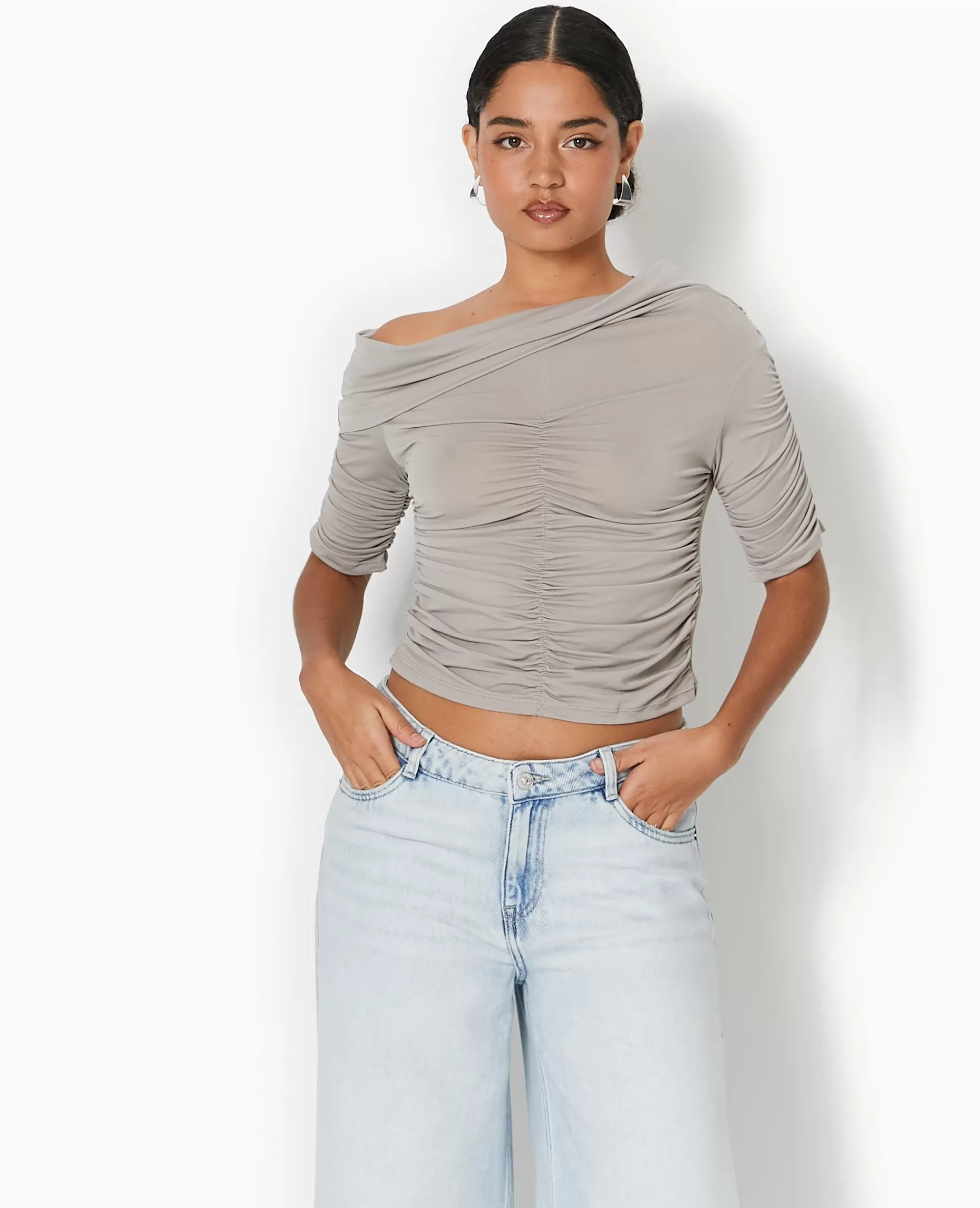 Best Pimkie Top Avec Fronces Encolure Bardot - gris