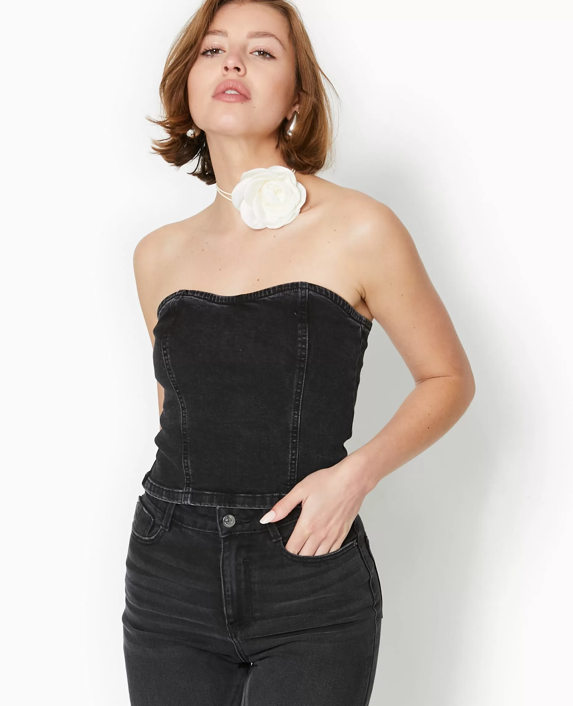 Clearance Pimkie Top Bustier En Jean Stretch - noir