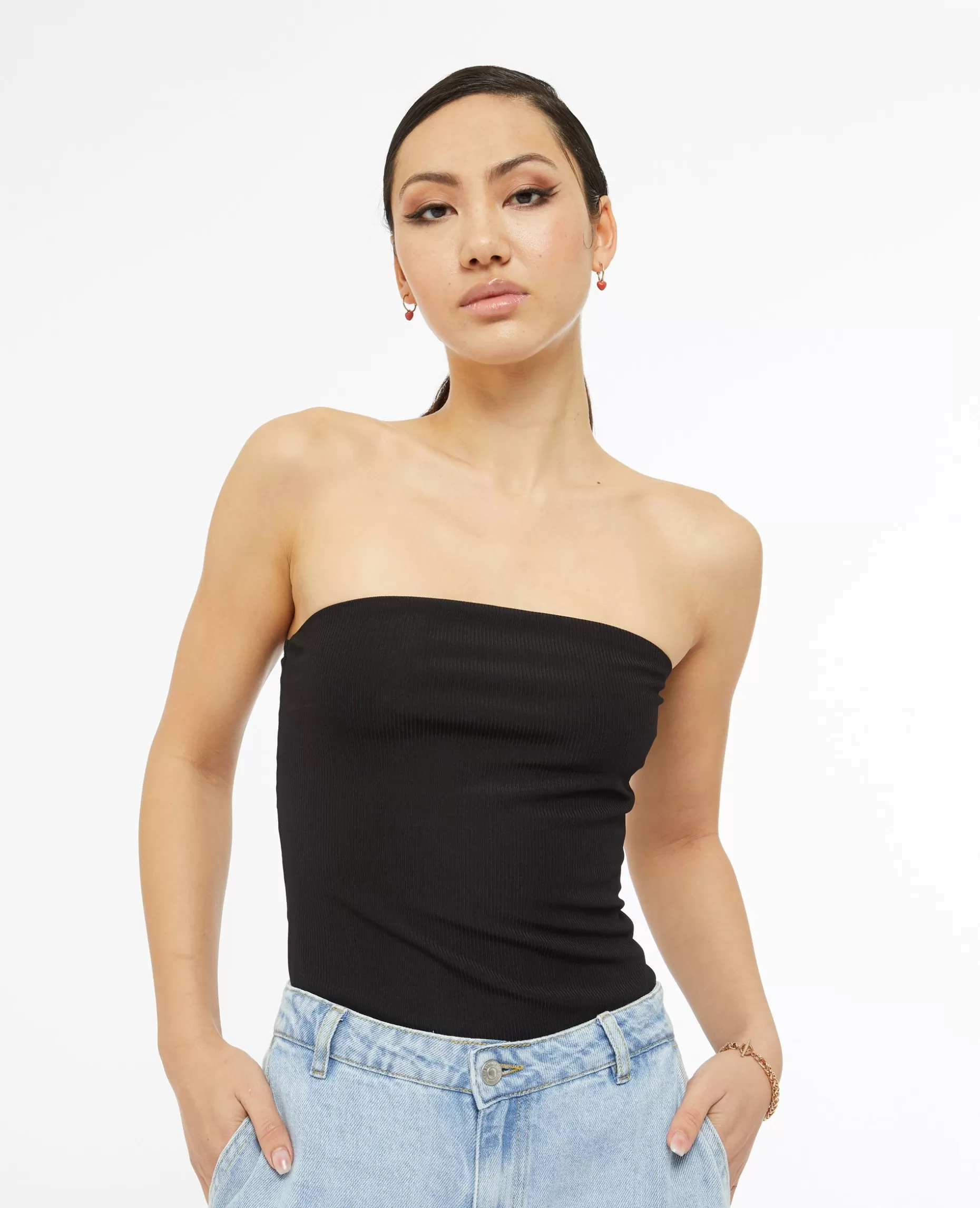 Sale Pimkie Top Bustier En Maille Côtelée - noir