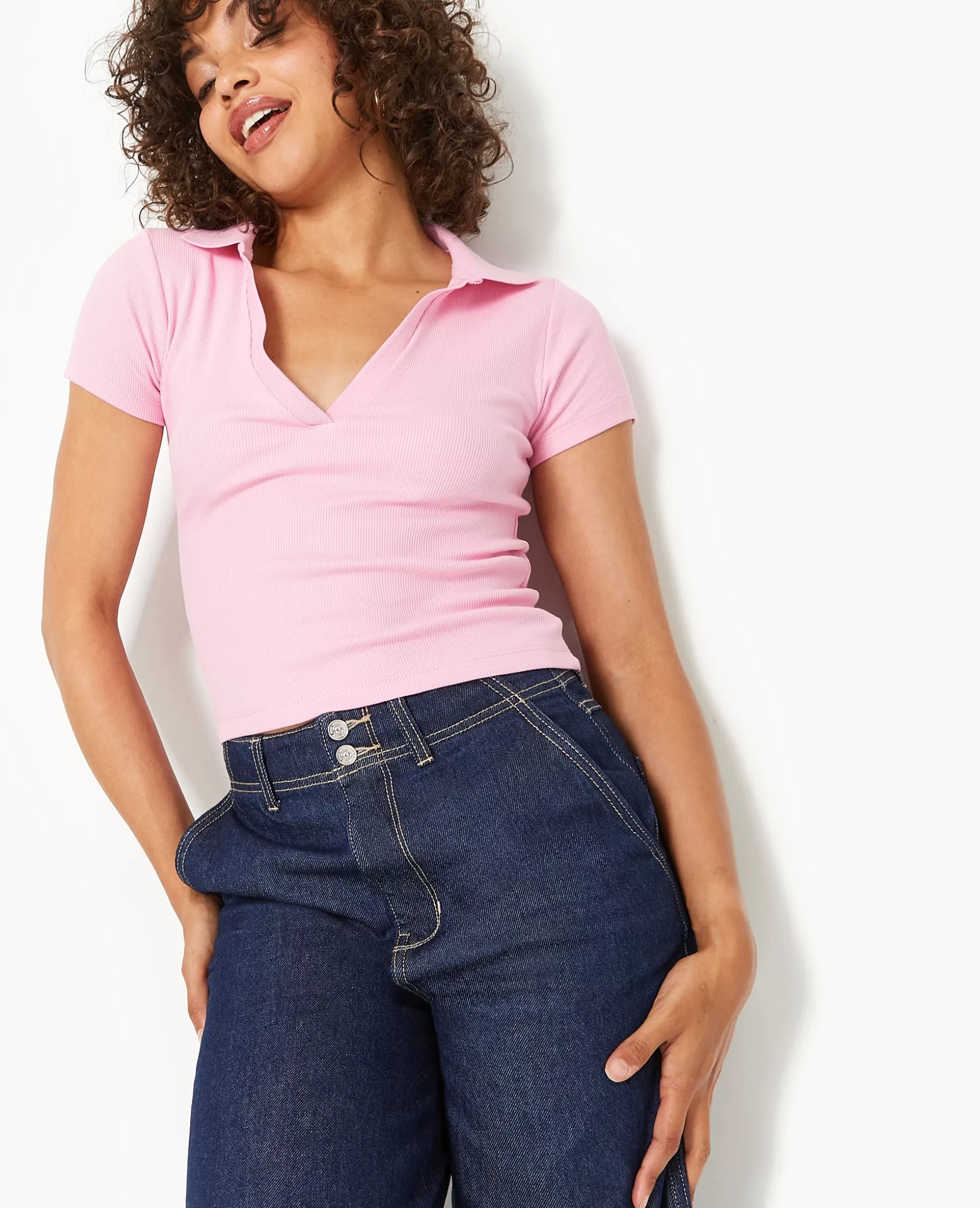 Cheap Pimkie Top Col Polo En Maille Côtelée - rose