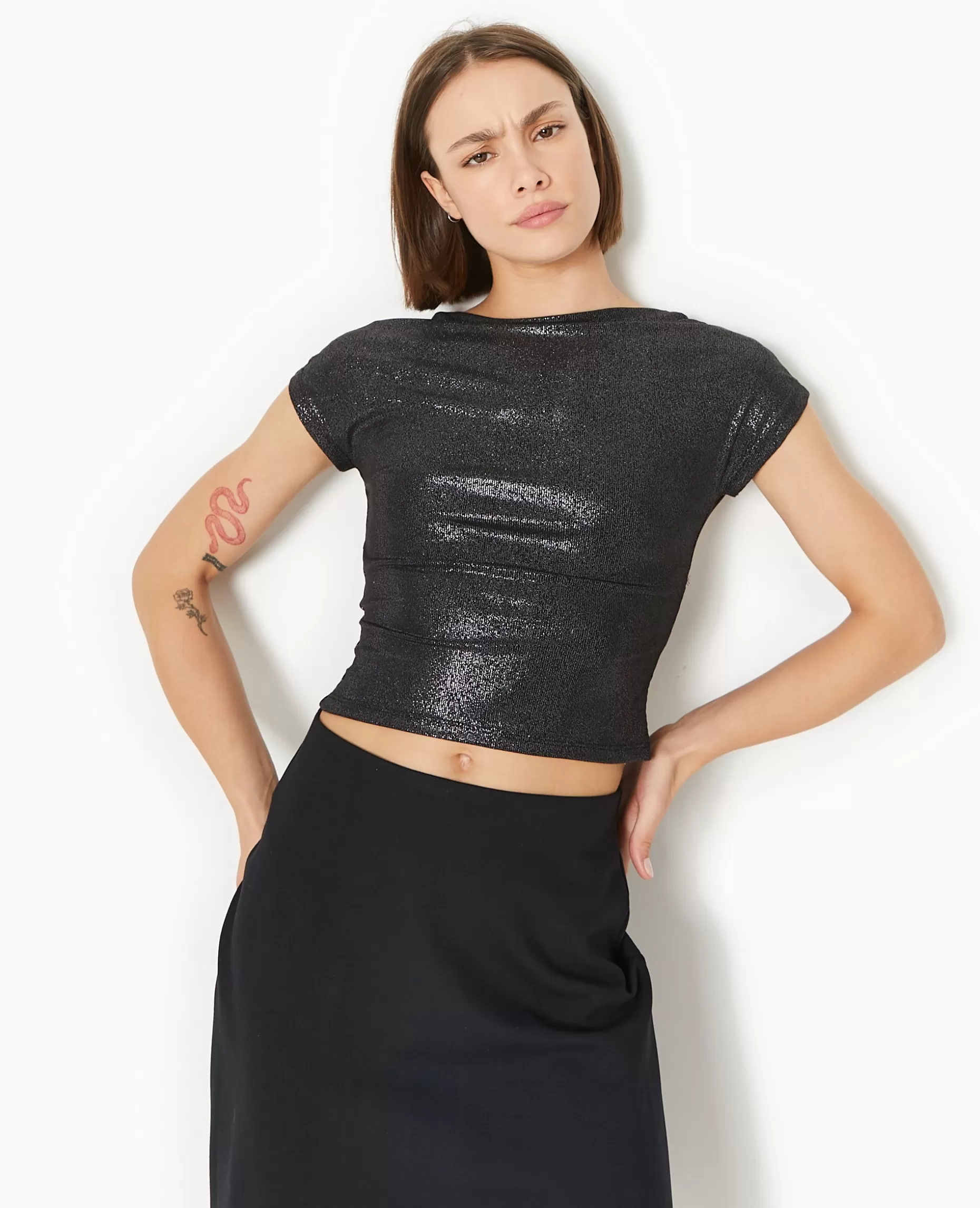 Hot Pimkie Top Court En Maille Brillante Avec Dos Ouvert - noir