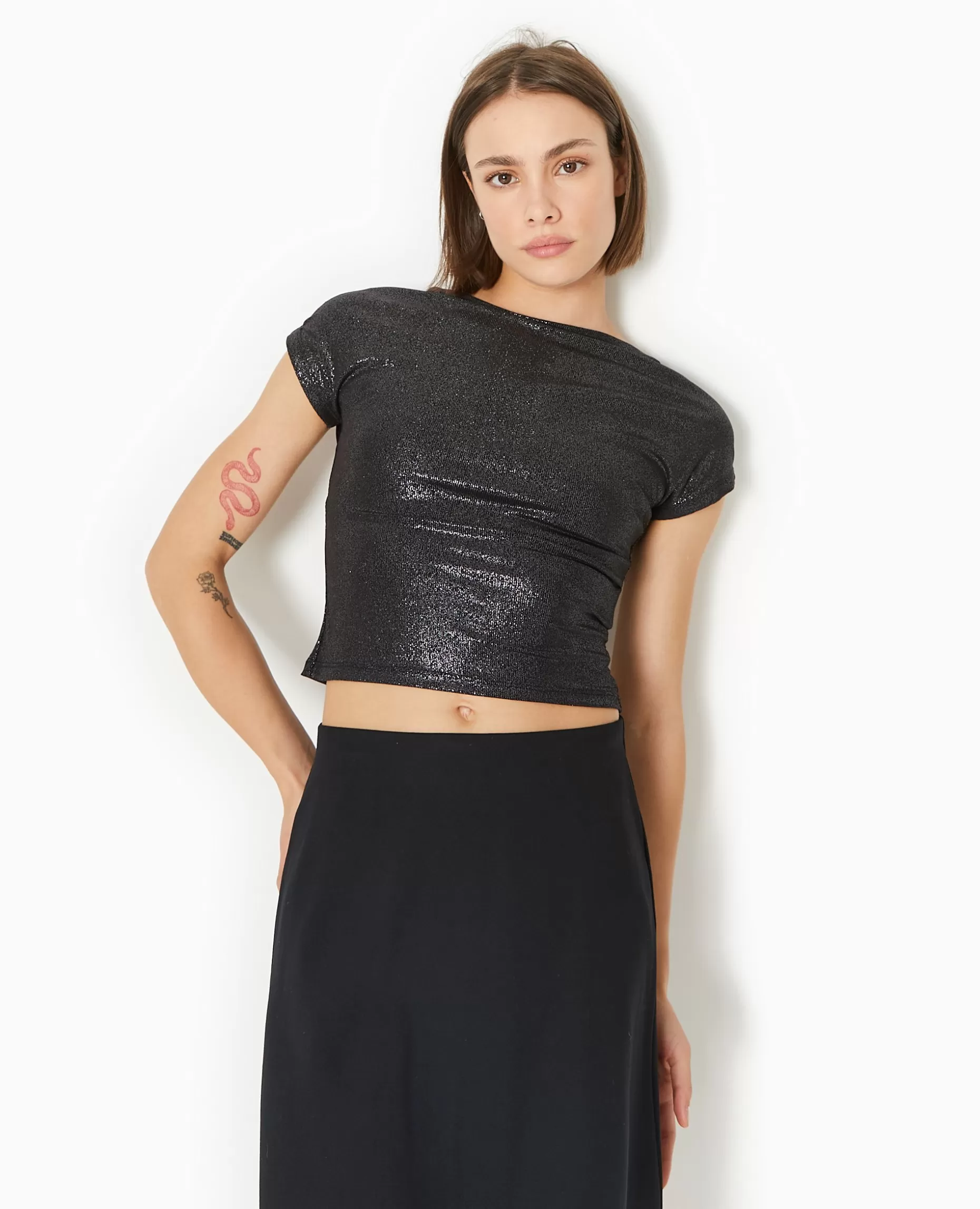 Hot Pimkie Top Court En Maille Brillante Avec Dos Ouvert - noir