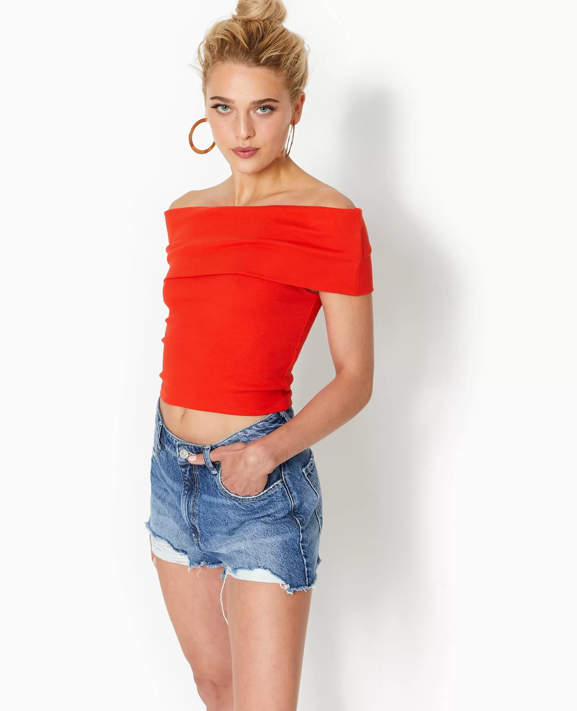 Cheap Pimkie Top Court Encolure Bardot - rouge