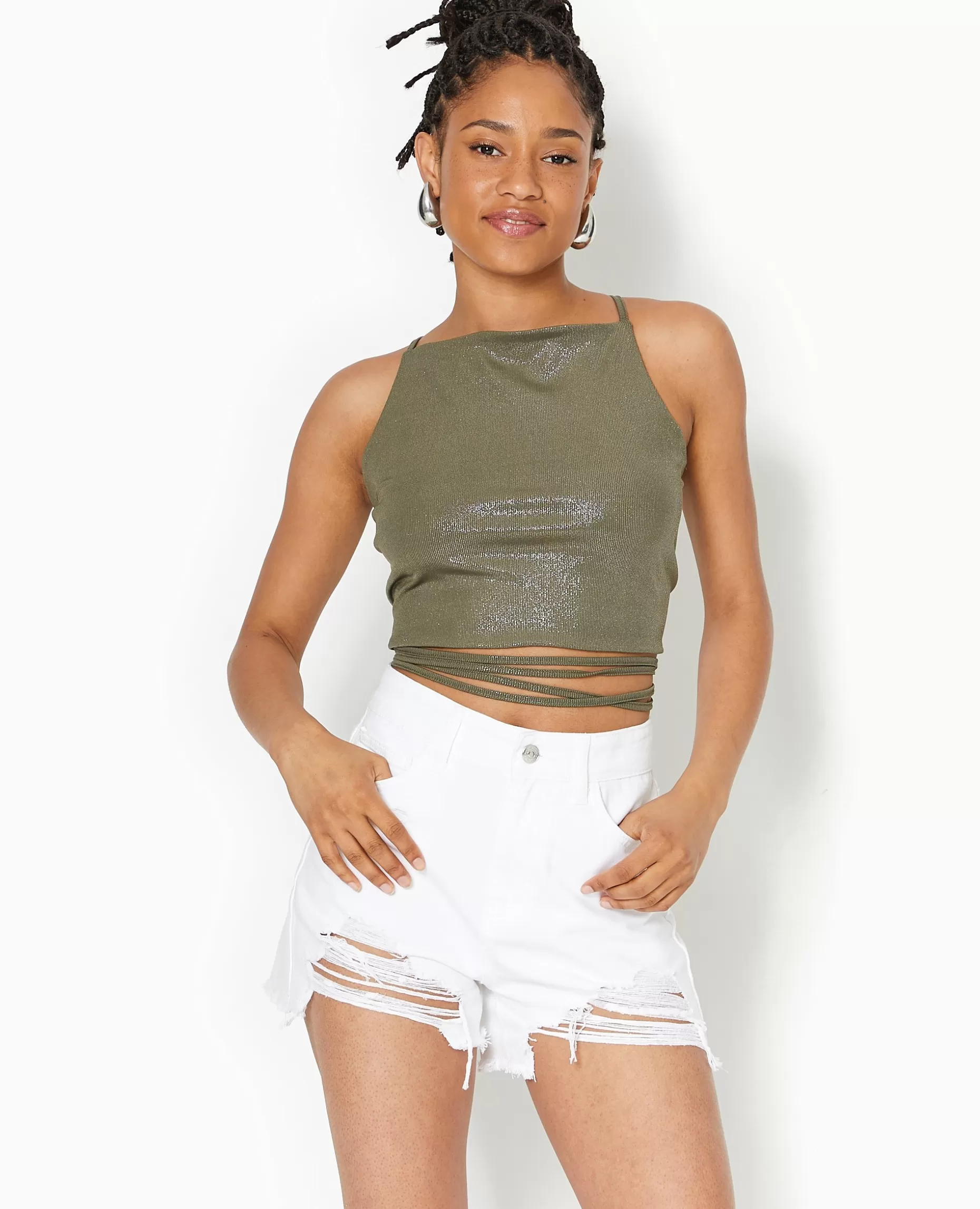 Best Sale Pimkie Top Cropped Dos-nu Avec Lurex - vert kaki